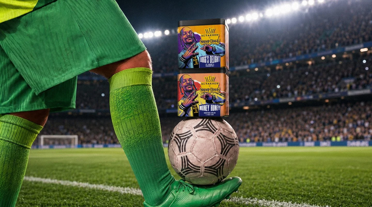 Football player in green balances Al Fakher x Snoop Dogg Dogg’s Delight and Money Honey tubs on a ball inside a stadium.