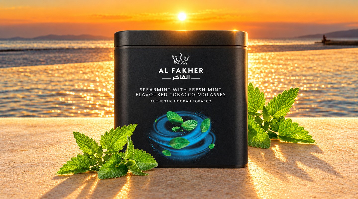 Al Fakher Spearmint with Fresh Mint shisha tobacco tub with green mint leaves overlooking the sea at sunset.
