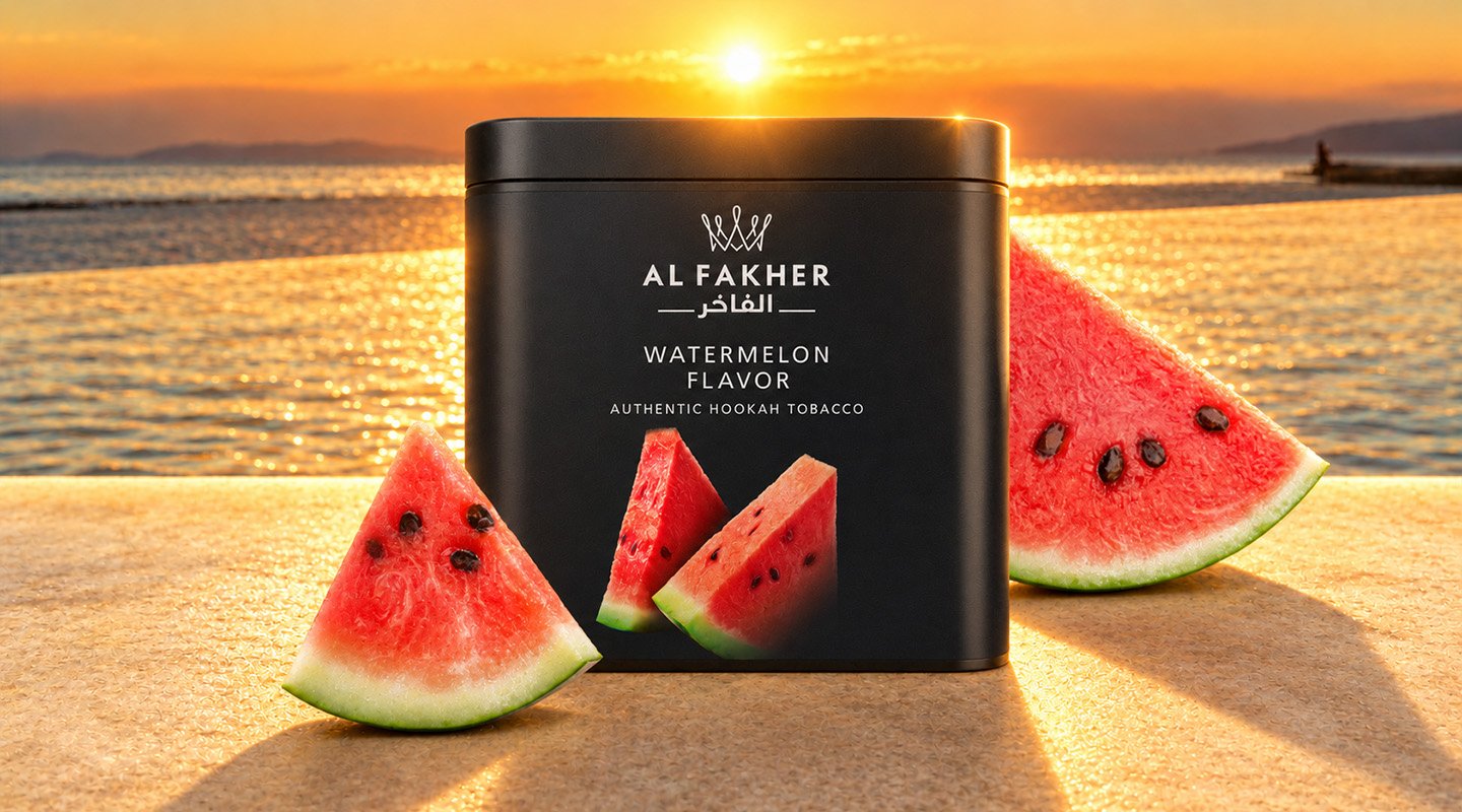 Al Fakher Watermelon shisha tobacco tub surrounded by fresh watermelon slices against a golden summer sunset.