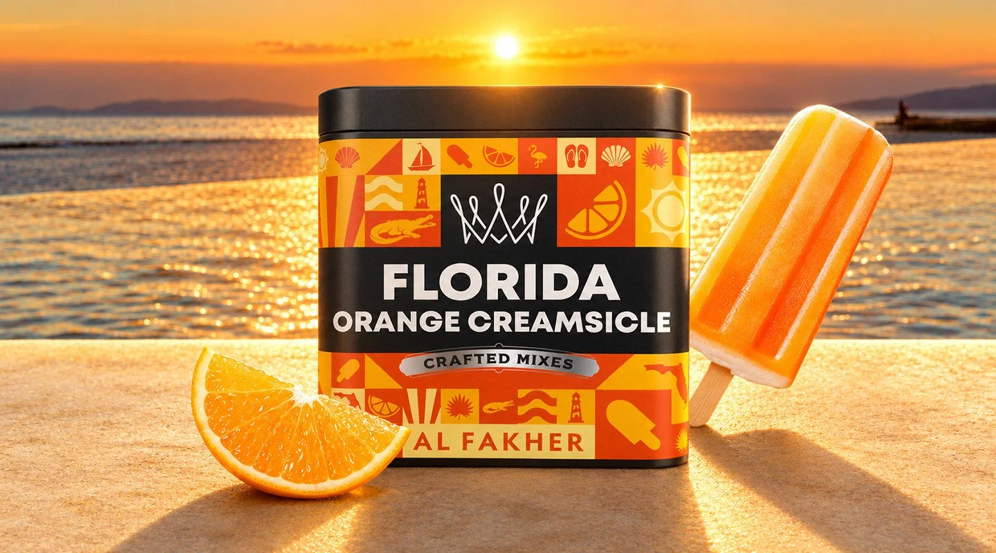 Al Fakher Florida Orange Creamsicle shisha tobacco tub with an orange slice and orange ice pop by the sea at sunset.