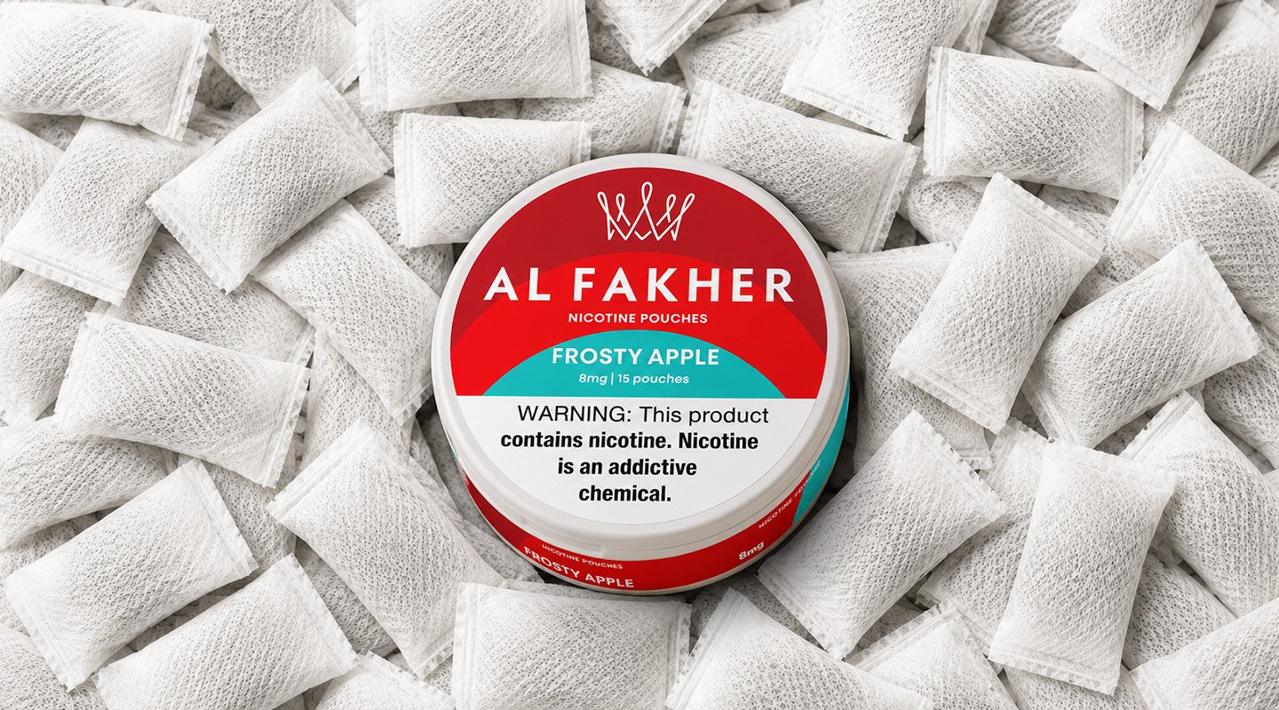 Al Fakher Frosty Apple Nicotine Pouches can surrounded by white nicotine pouches.