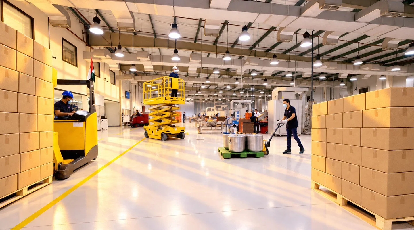 Inside Al Fakher’s production facility with workers, equipment and packaged products on the factory floor.