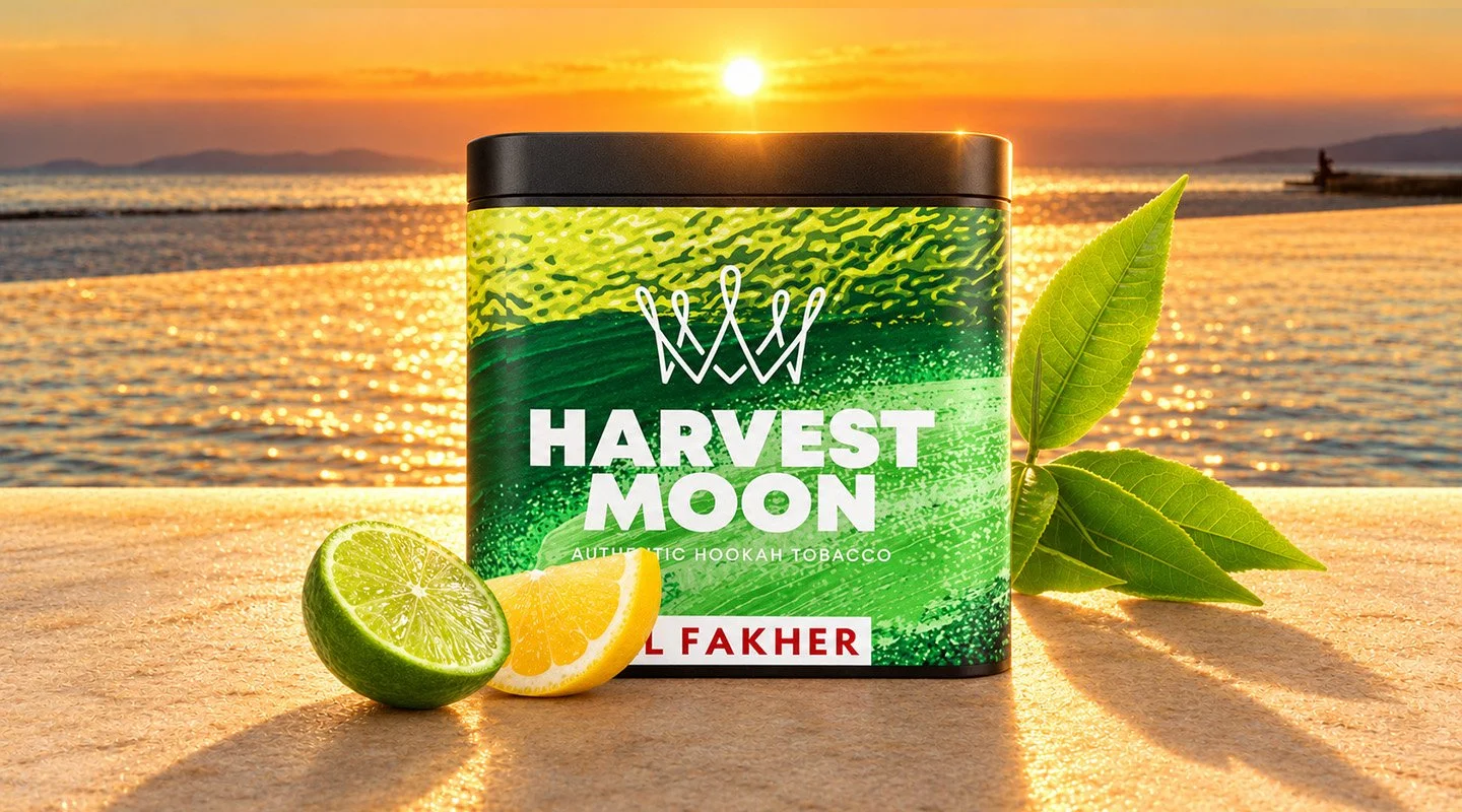 Al Fakher Harvest Moon shisha tobacco tub with lemon, lime and green tea leaves against a golden coastal sunset.