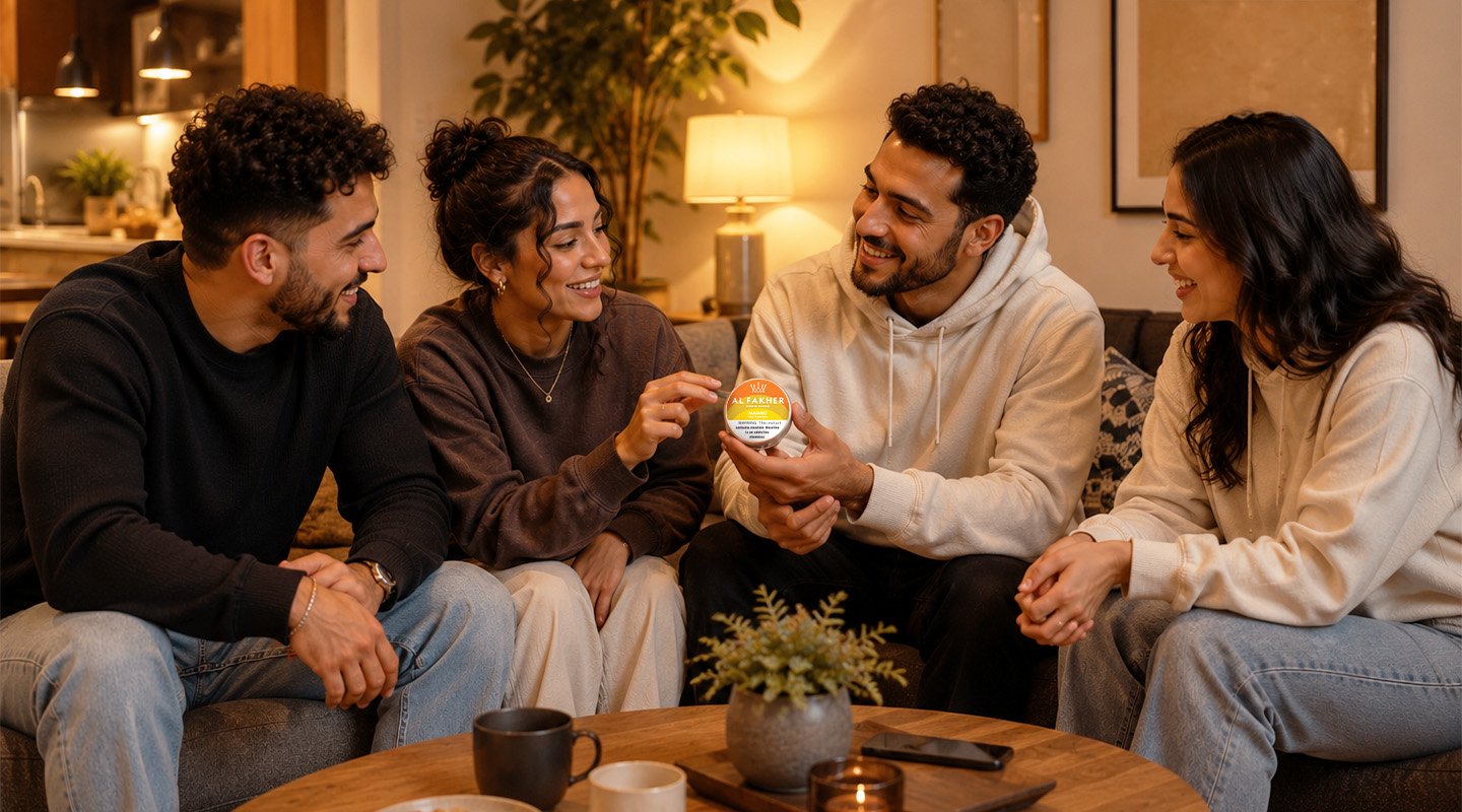 Group of adults sitting together indoors while holding an Al Fakher Nicotine Pouches can.