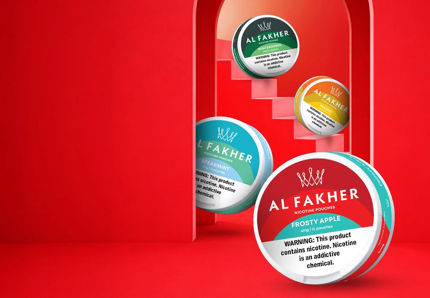 Al Fakher Nicotine Pouches flavor range featuring Frosty Apple, Mango, Spearmint, and Wintergreen cans.