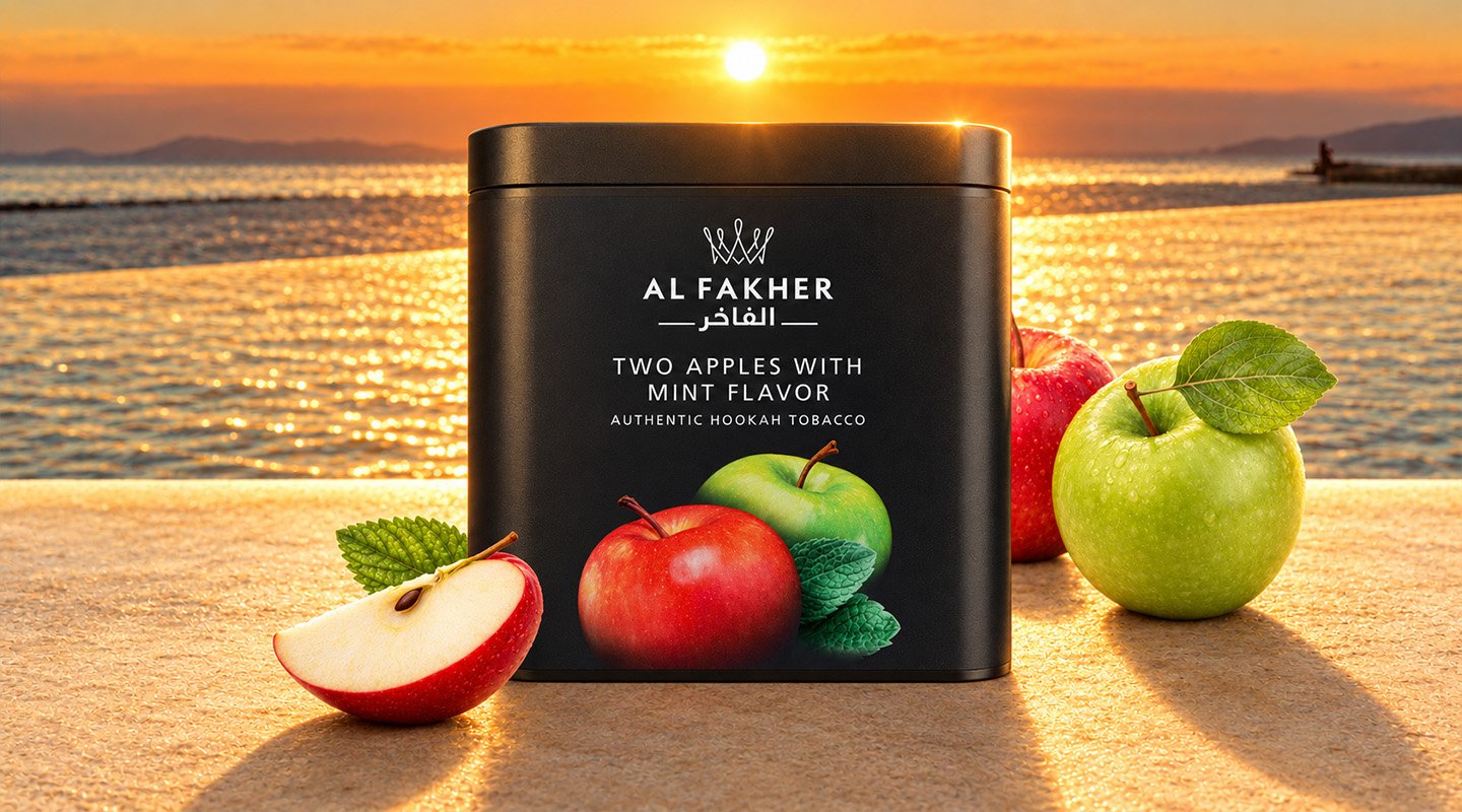 Al Fakher Two Apples with Mint shisha tobacco tub with fresh red and green apples by the sea at sunset.