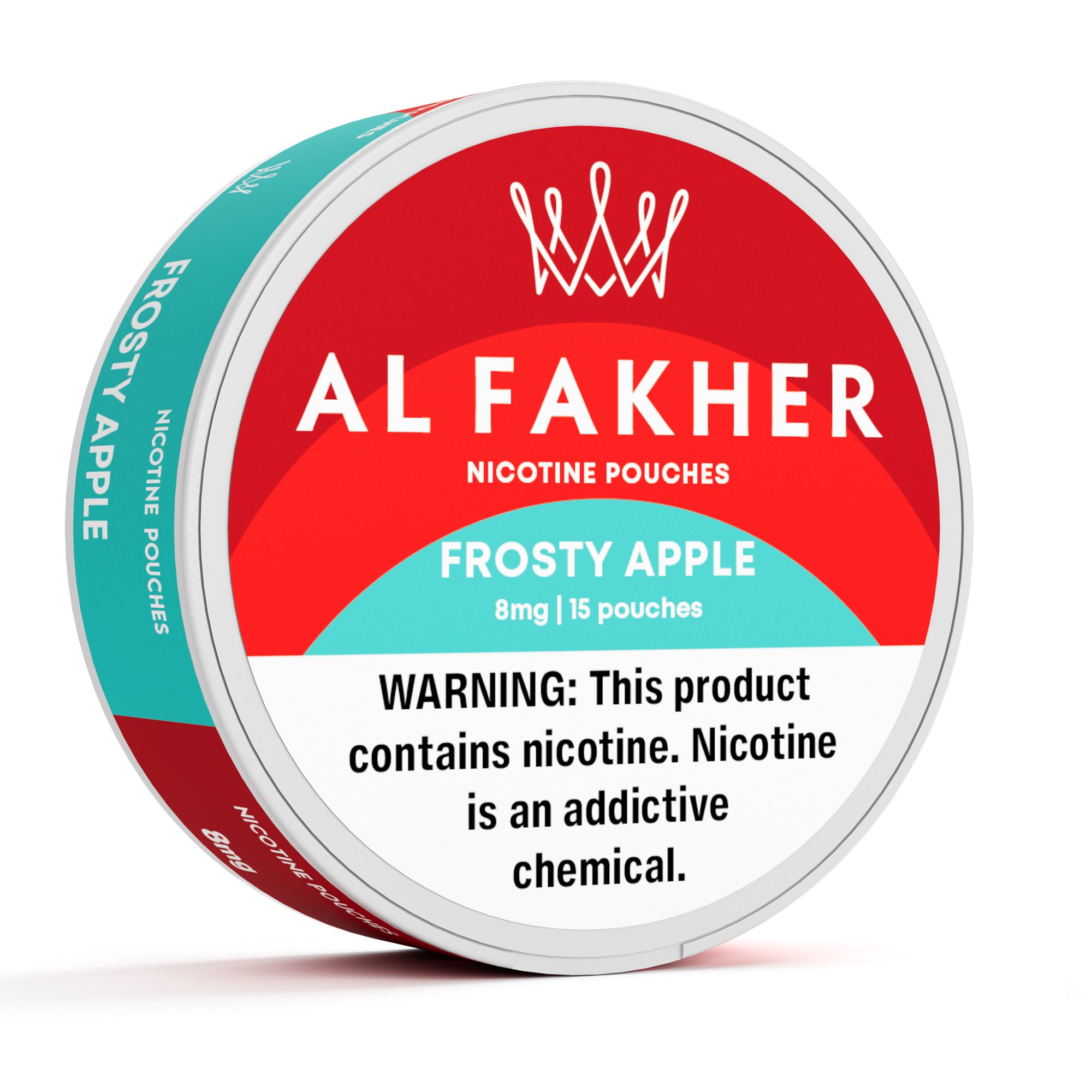 A round container of Al Fakher frosty apple nicotine pouches with red and light blue packaging.
