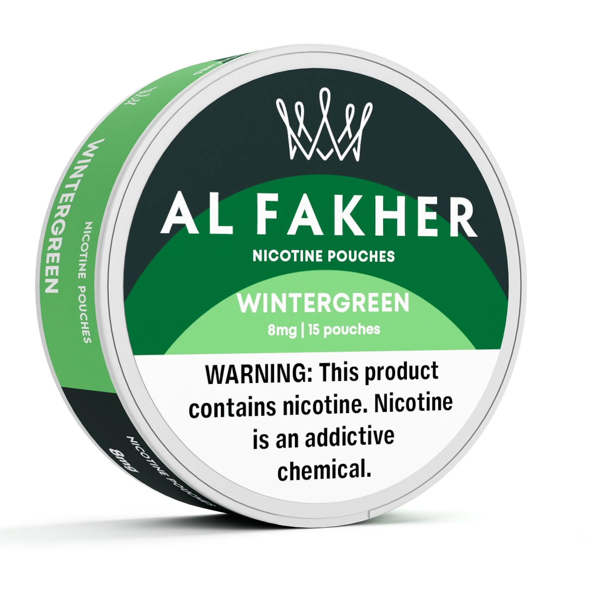 A round container of Al Fakher wintergreen nicotine pouches with a green and dark green label.