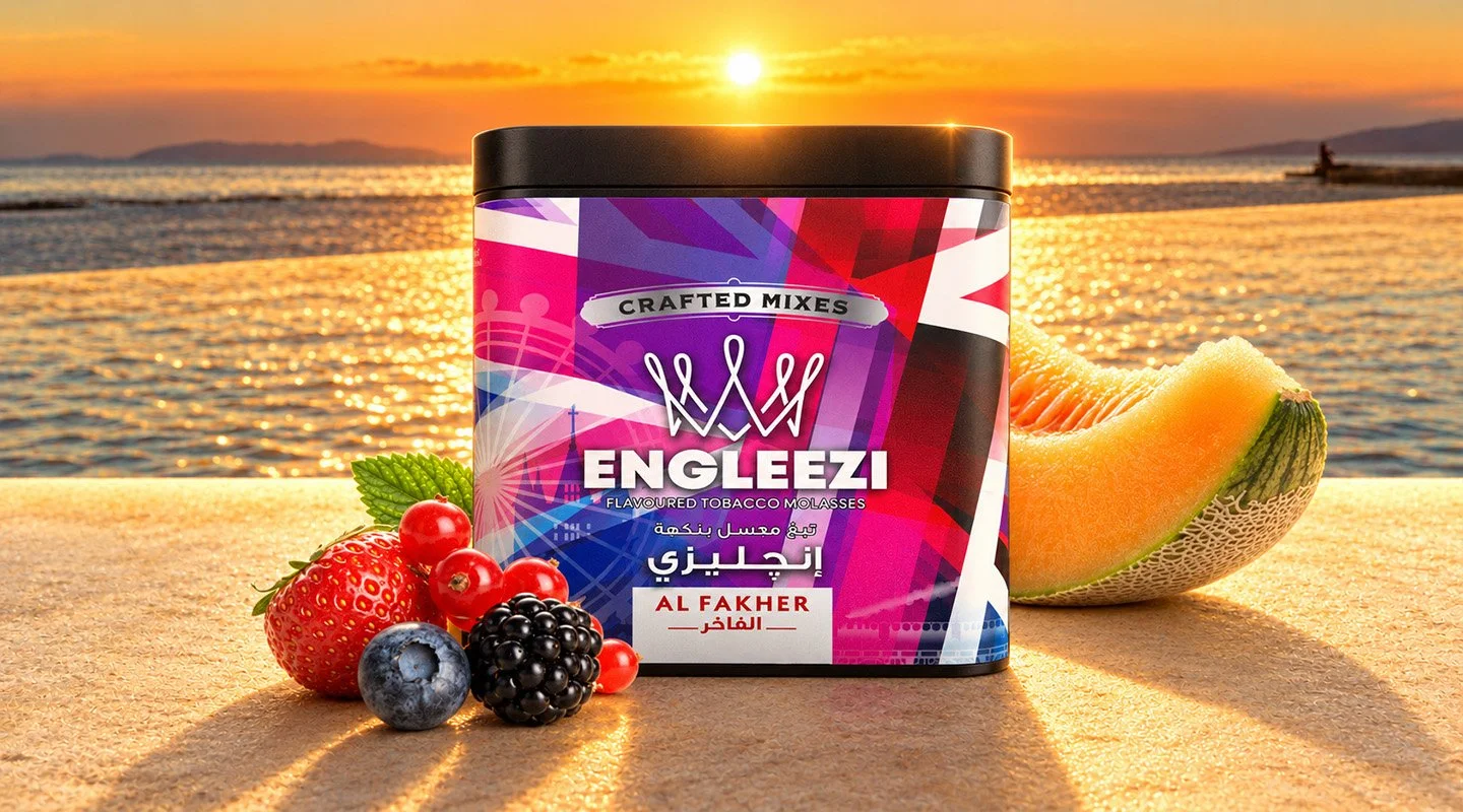 Al Fakher Engleezi Crafted Mixes shisha tobacco tub with melon, strawberries and mixed berries by the sea at sunset.