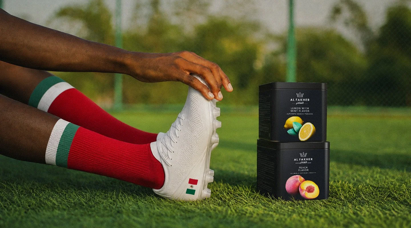 Football player in Mexico-inspired socks stretches beside Al Fakher Lemon with Mint and Peach tubs on the pitch.