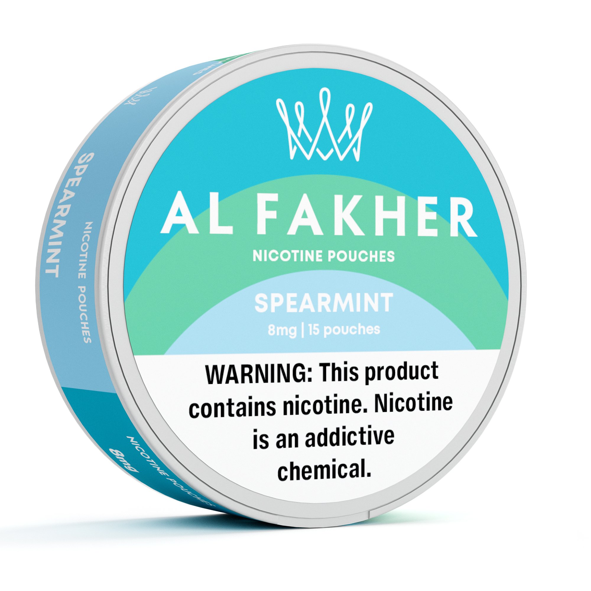 A round container of Al Fakher spearmint flavored nicotine pouches with a light blue and light green label.