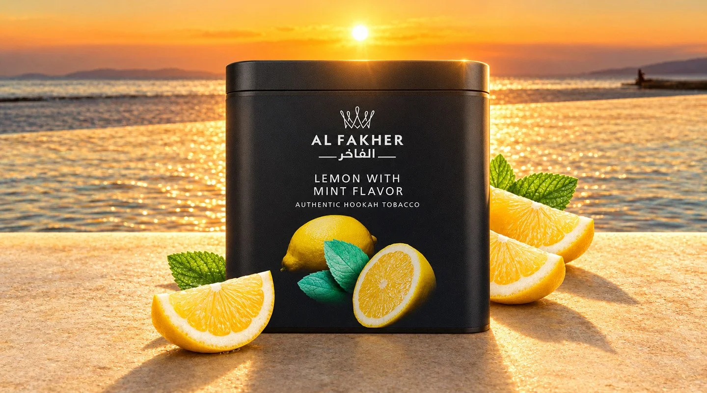 Al Fakher Lemon with Mint shisha tobacco tub with fresh lemon slices and mint leaves by the sea at sunset.
