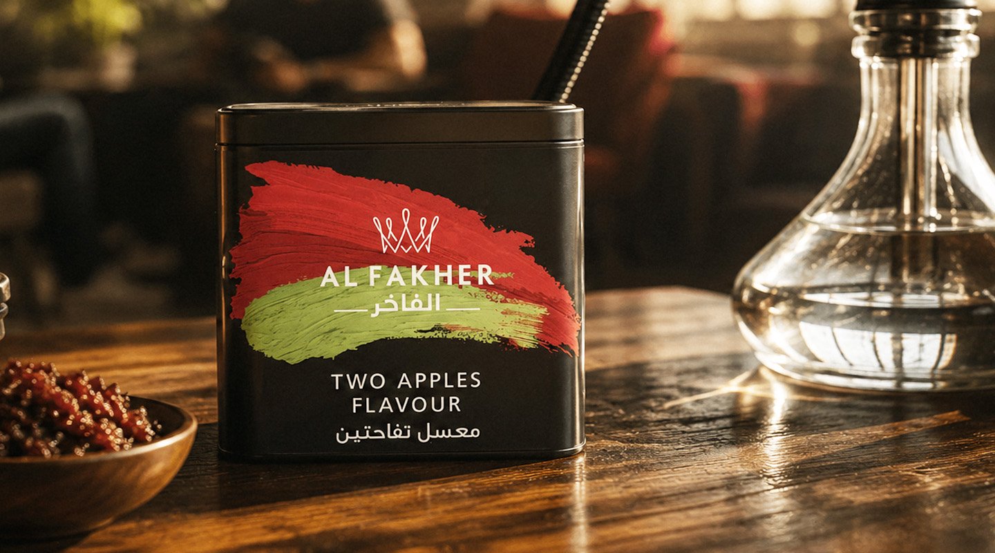Al Fakher Two Apples flavour pack displayed beside a shisha setup on a wooden table.