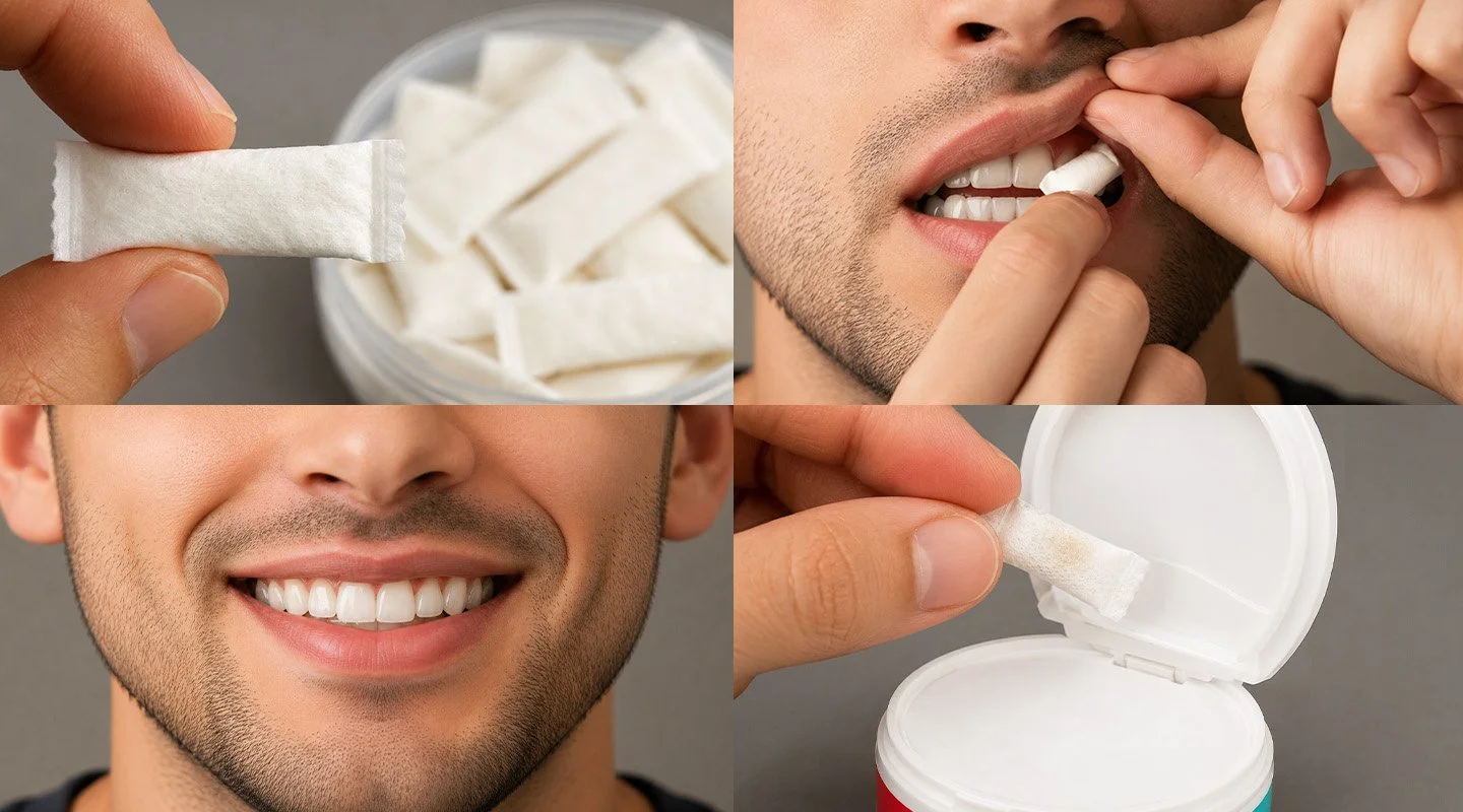 Step-by-step visuals showing how to take and place an Al Fakher Nicotine Pouch under the lip.