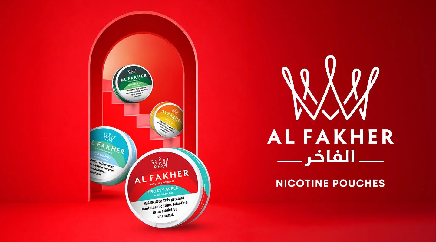 Al Fakher Nicotine Pouches cans displayed with the Al Fakher logo on a bold red background.