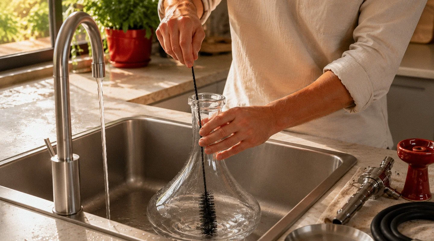Cleaning the inside of a clear glass shisha base with a long brush beside a kitchen sink.
