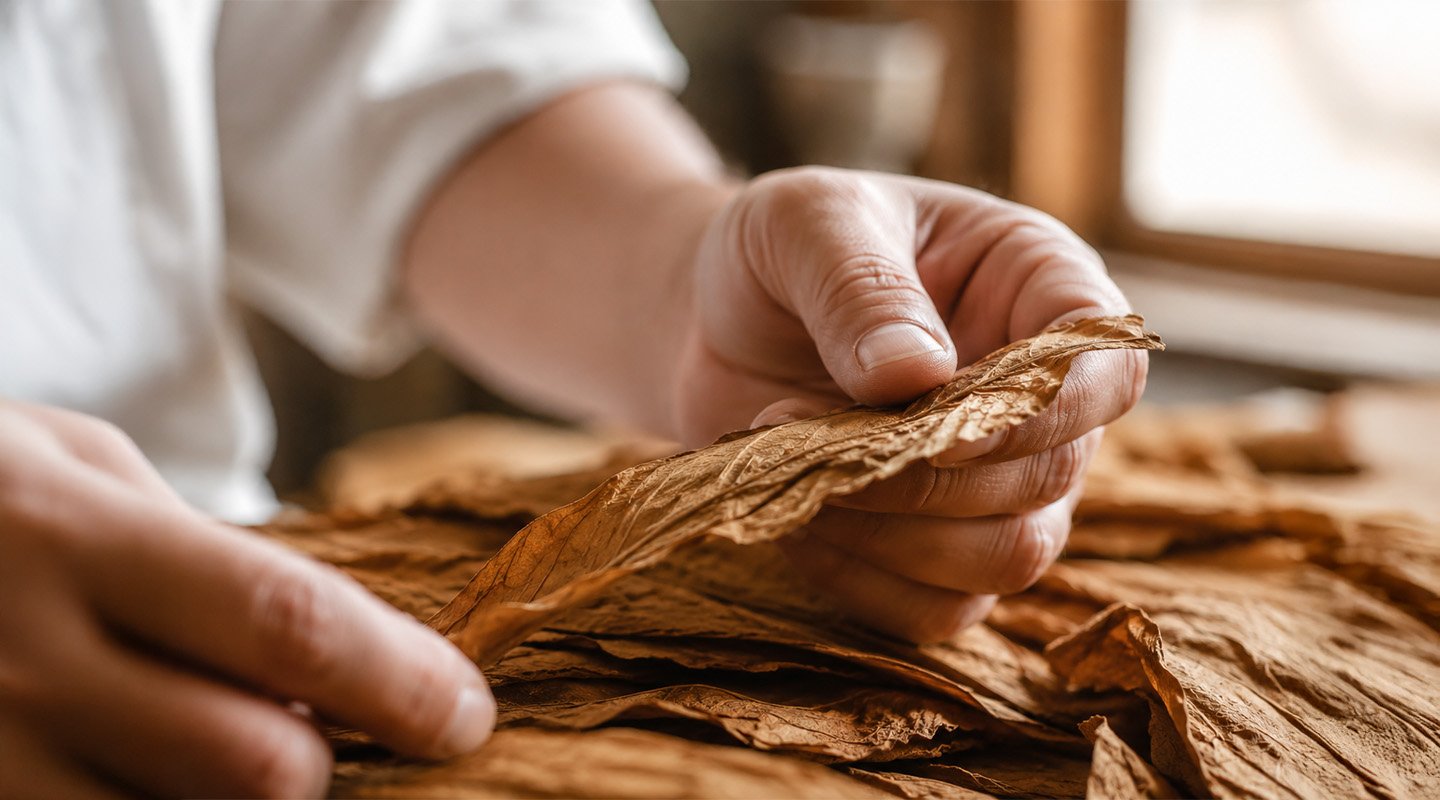 Hands carefully inspecting premium tobacco leaves as part of Al Fakher’s quality process.