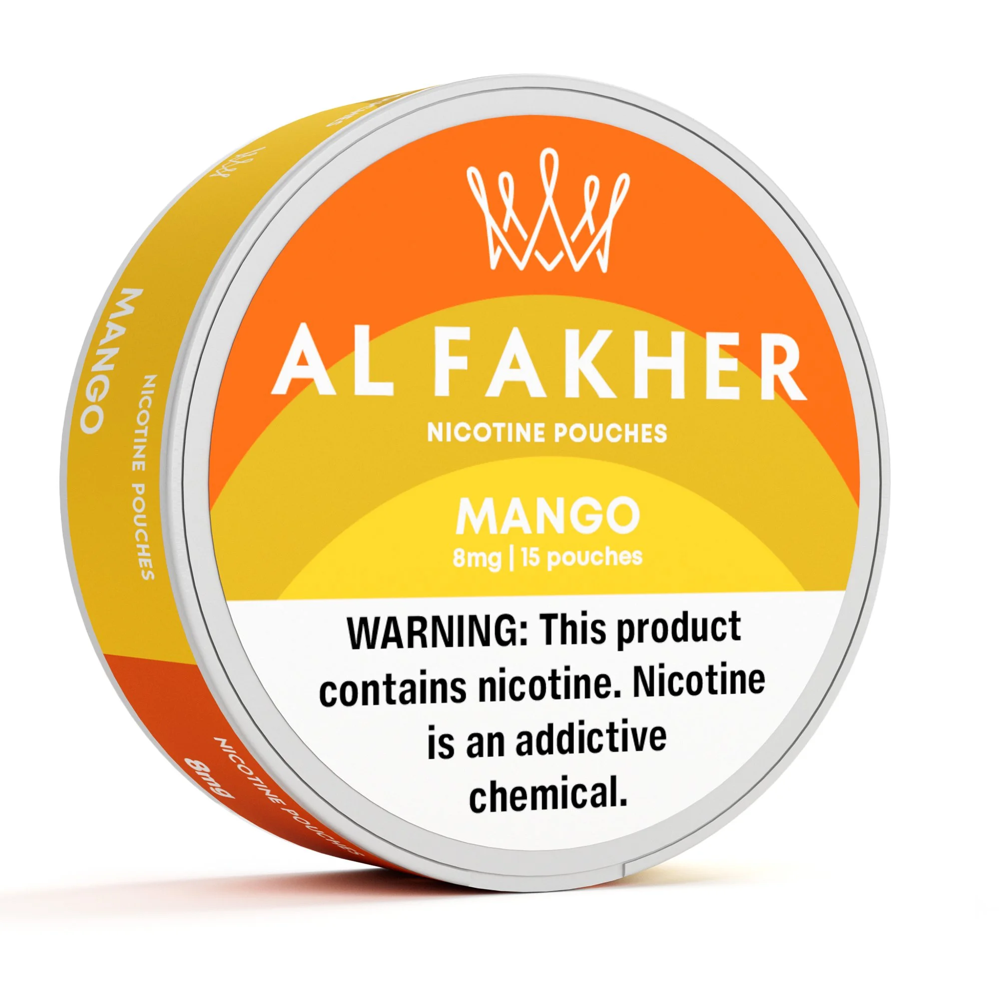 A round container of Al Fakher mango flavored nicotine pouches with a yellow and orange label.