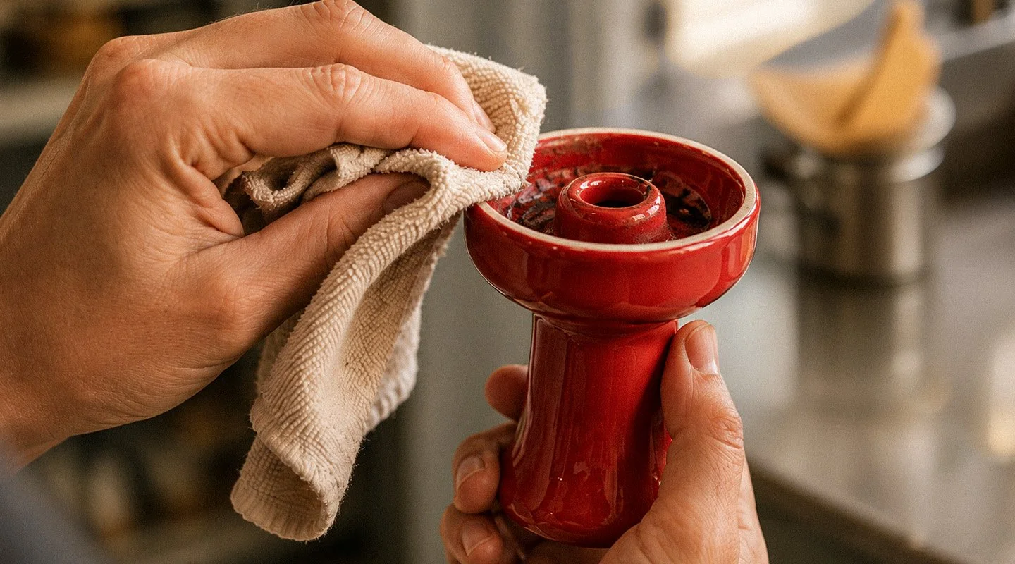 Hands wiping a red ceramic shisha bowl with a cleaning cloth.
