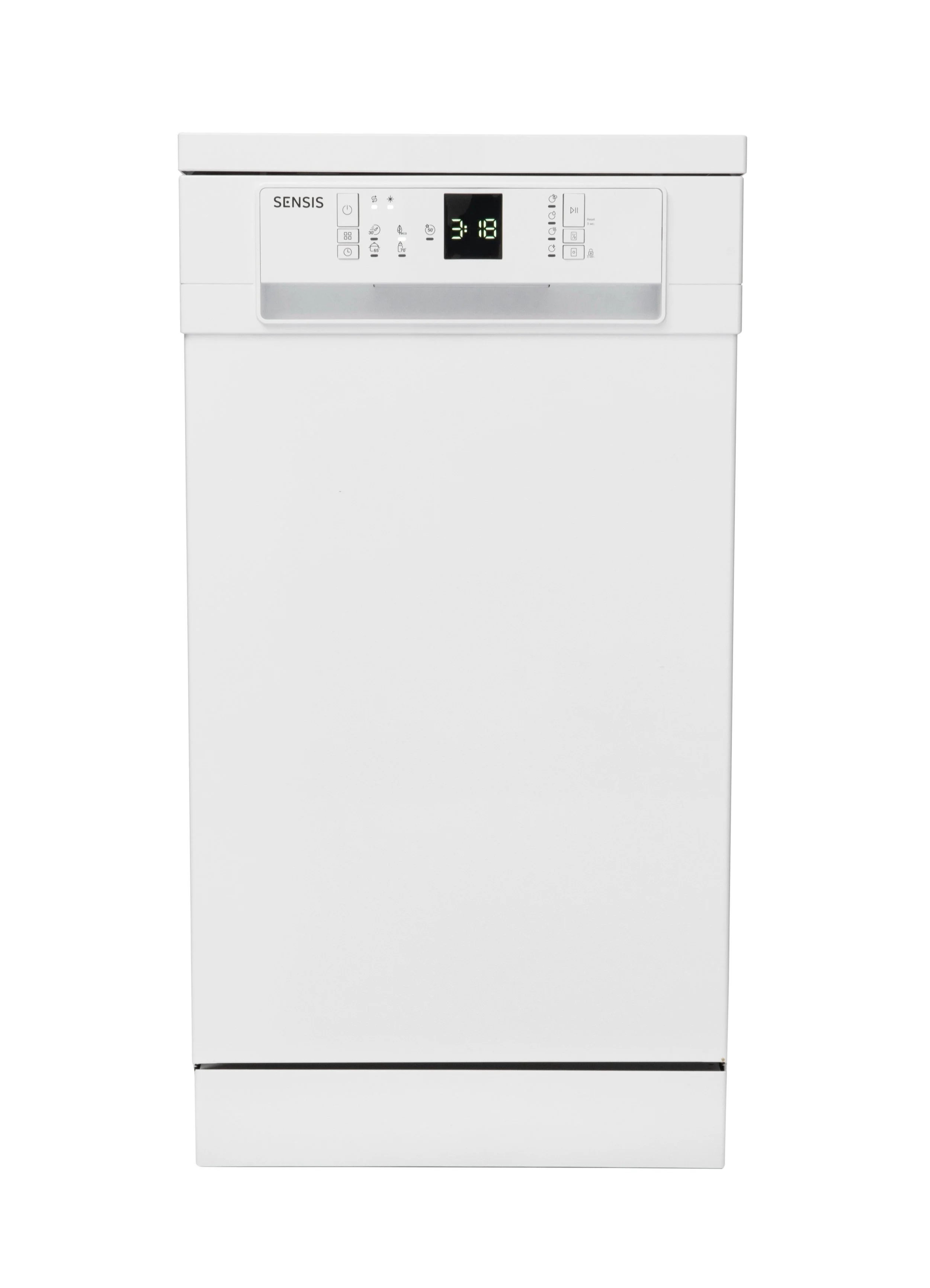 White Sensi dishwasher with a digital control panel and display screen.