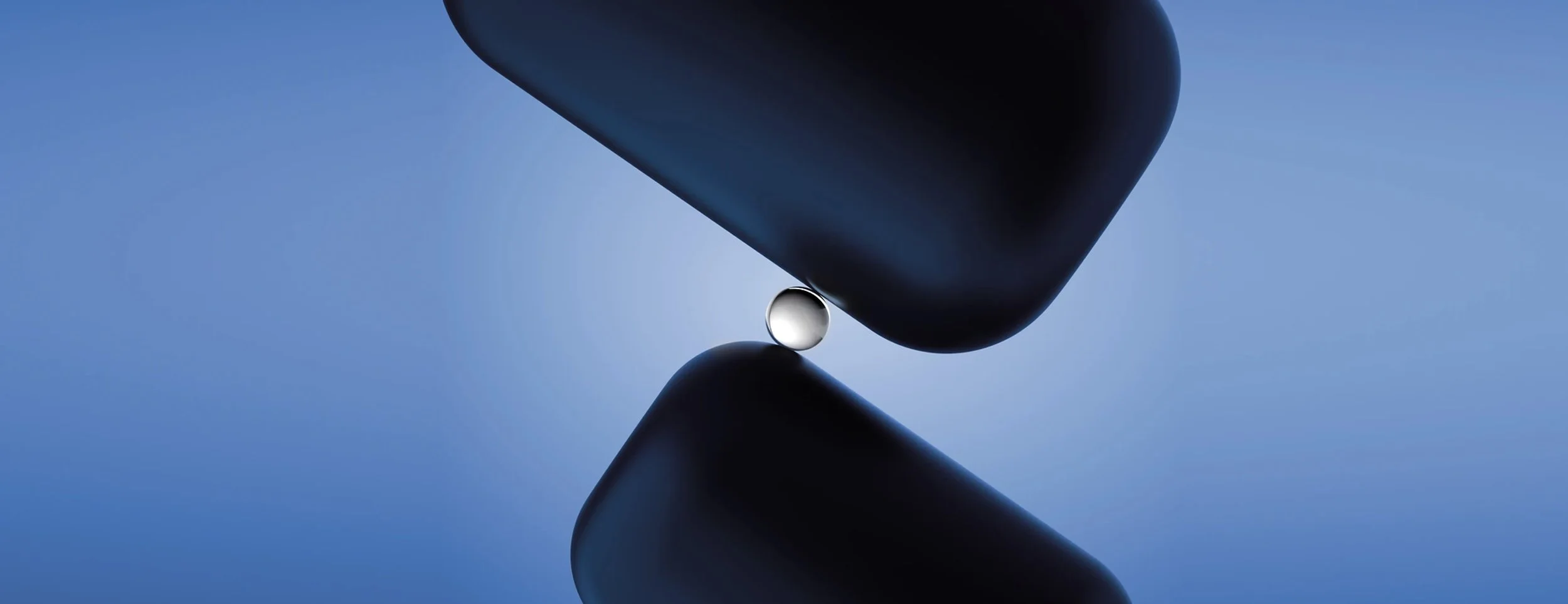 Abstract composition: two large, dark shapes with a small reflective sphere between them against a blue background.