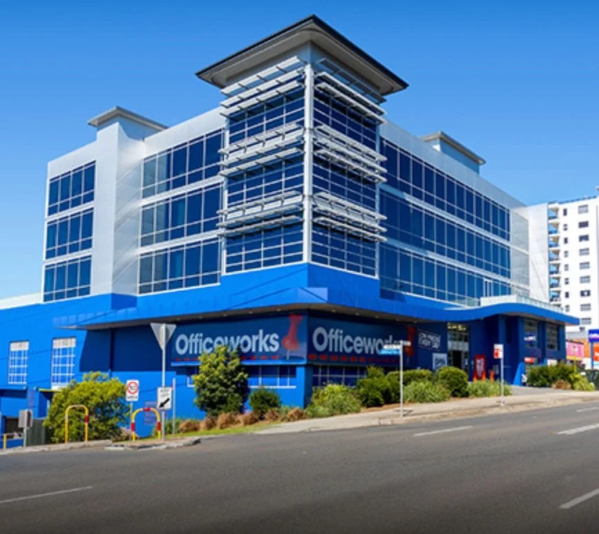 Officeworks storefront with modern blue and white exterior.