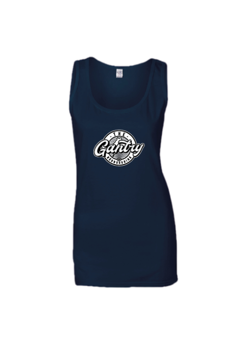 Navy blue tank top with "Gantry" logo in white and black.