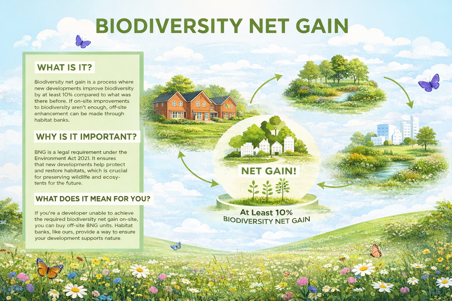 Illustrated explanation of biodiversity net gain showing how developments achieve at least 10% net gain using on-site and off-site habitat creation