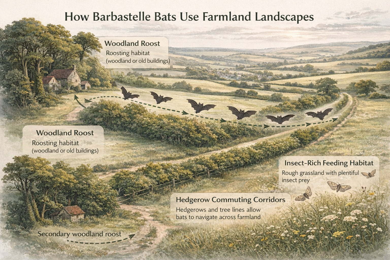 Diagram showing how barbastelle bats use farmland landscapes including woodland roosts, hedgerow commuting corridors and insect-rich grassland feeding habitat.