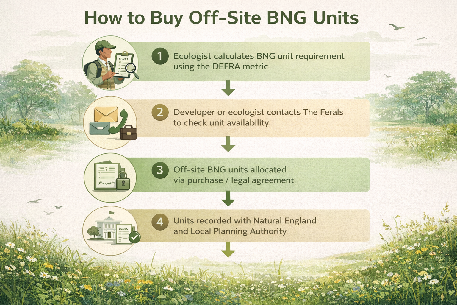 Infographic showing the process for buying off-site biodiversity net gain units, from ecological metric assessment to unit allocation and registration with Natural England and the local planning authority