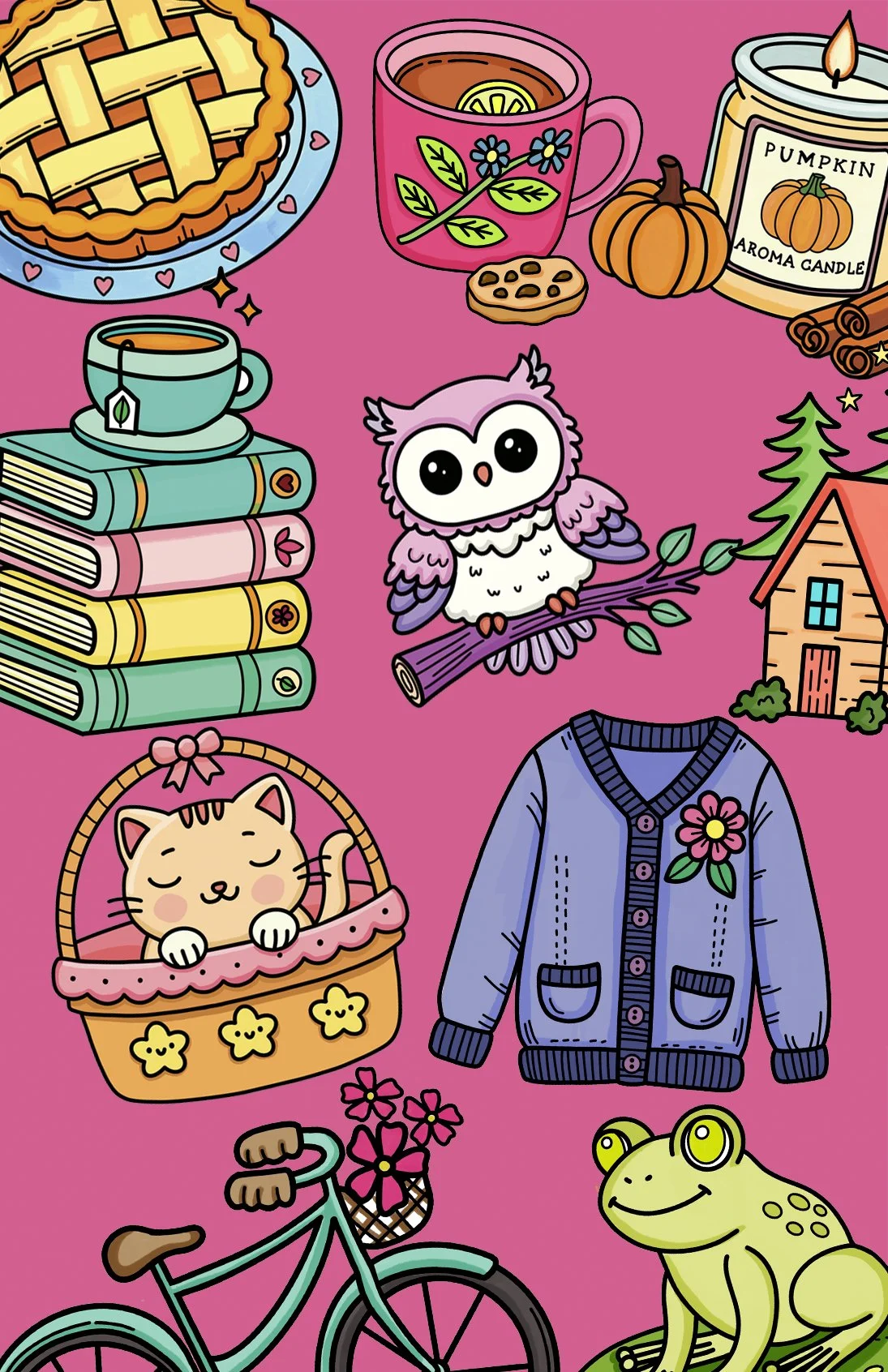 Colorful illustration with a pie, a pink mug with tea, a cookie, a pumpkin, an aroma candle, cinnamon sticks, a stack of books with a cup of tea, a cute owl on a branch, a house, a cat in a basket, a cardigan with a flower, a bicycle with a basket of flowers, a frog, and various toys on a pink background.