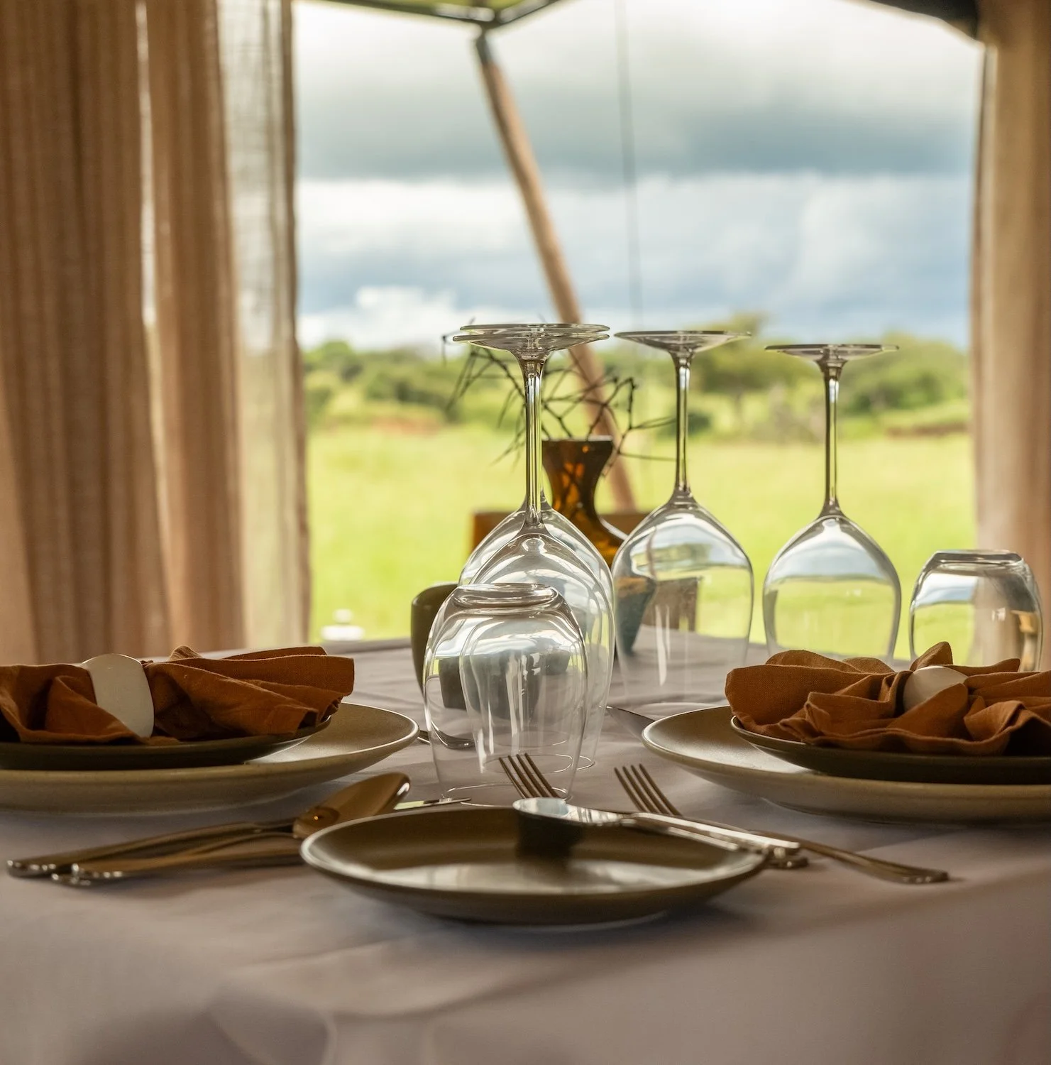 Luxury safari dining table setup with wine glasses and elegant tableware overlooking the African wilderness for a fine bush experience.