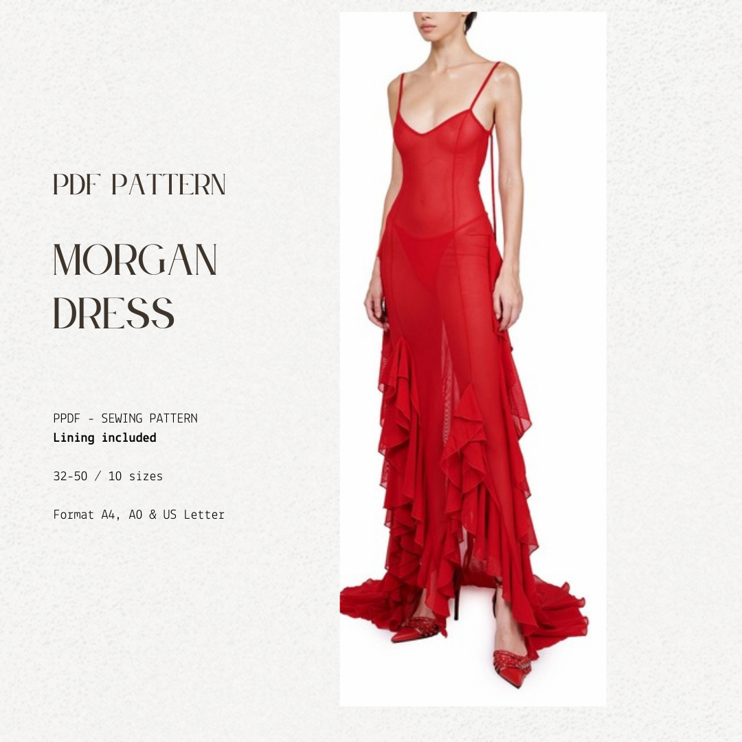 Ruffles Dress | PDF sewing pattern | Backless dress | 32-50 EU size | Summer dress| Maxi dress | Plunging neckline dress