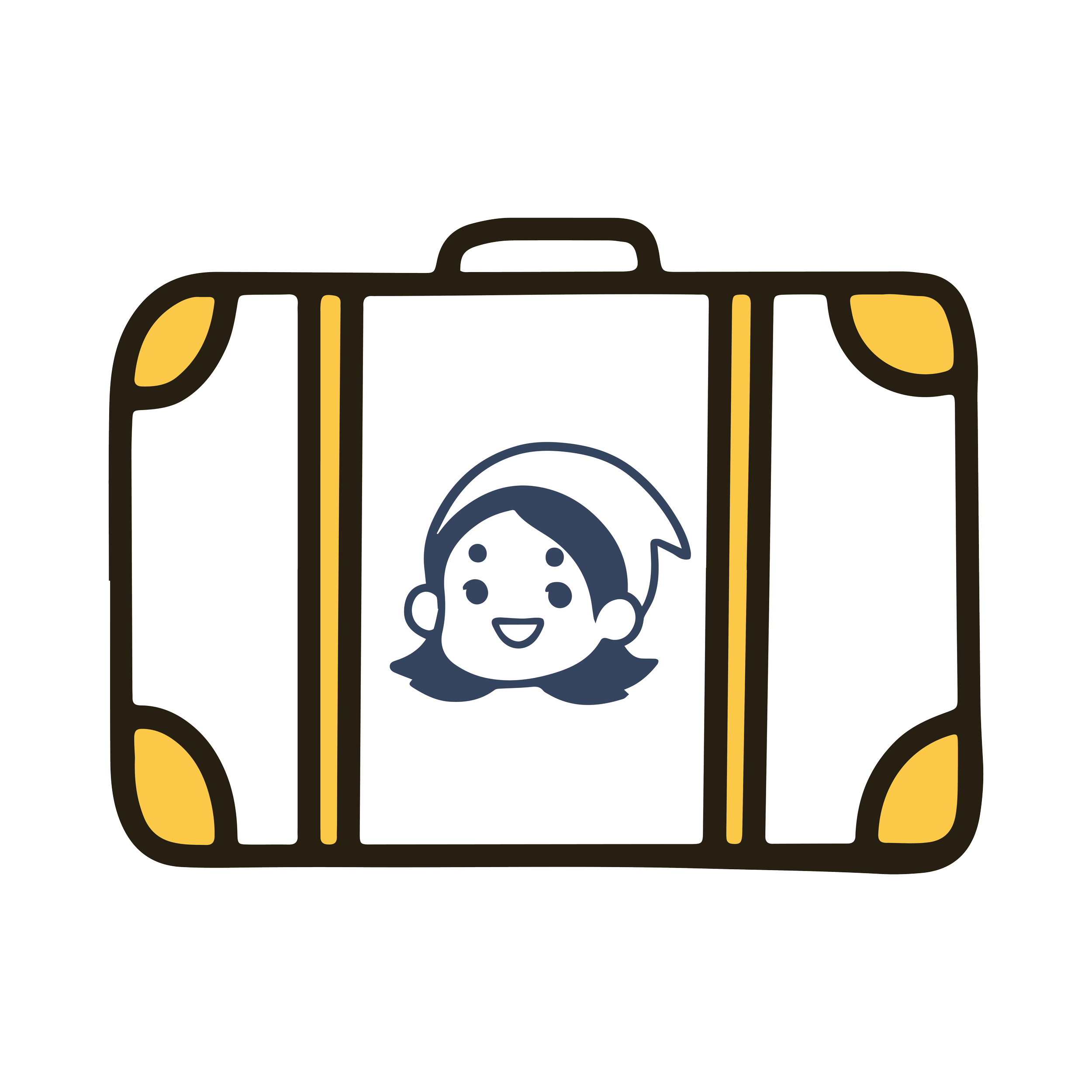 Cartoon suitcase with a smiling girl’s face on it and yellow accents.