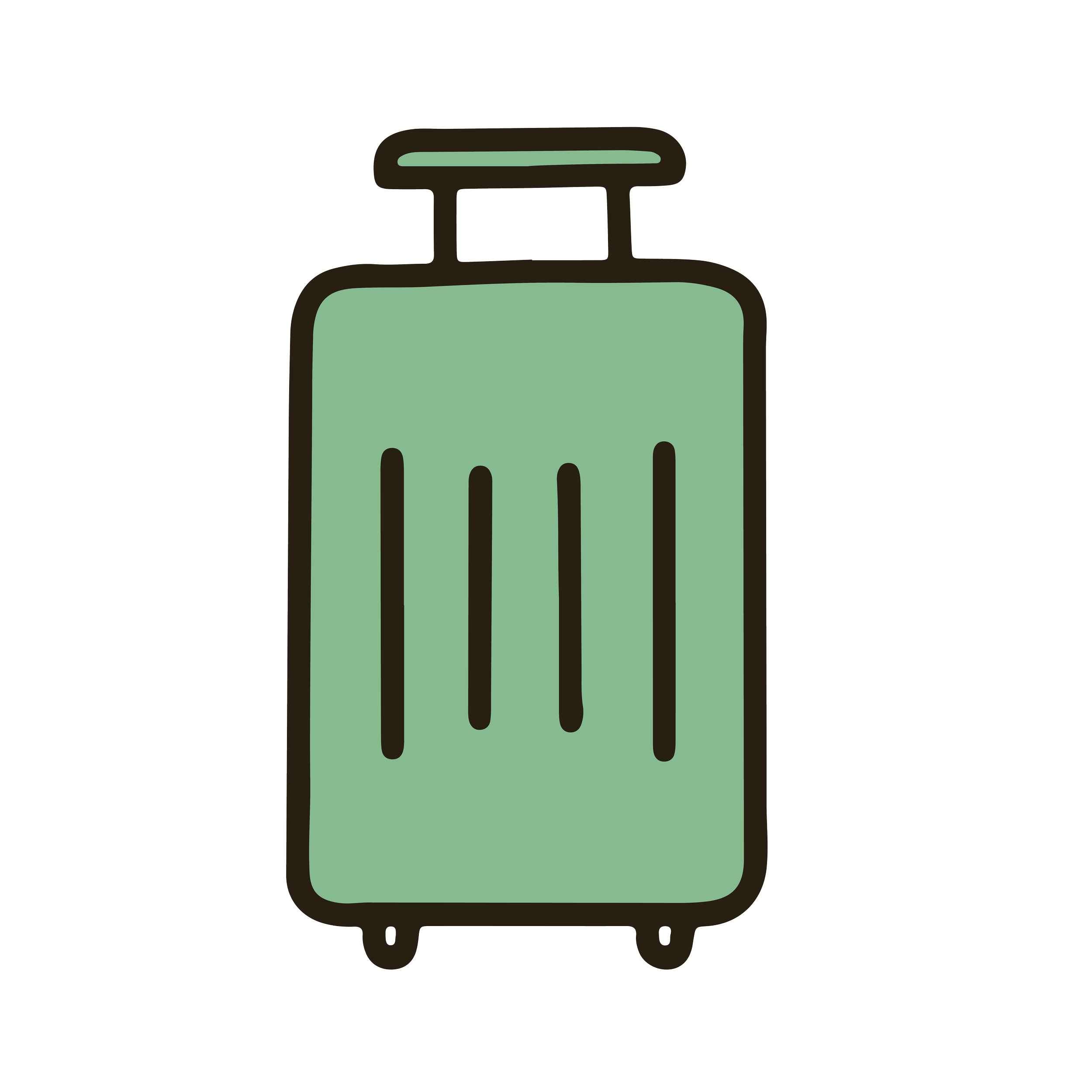 Illustration of a green suitcase with black handles and wheels.