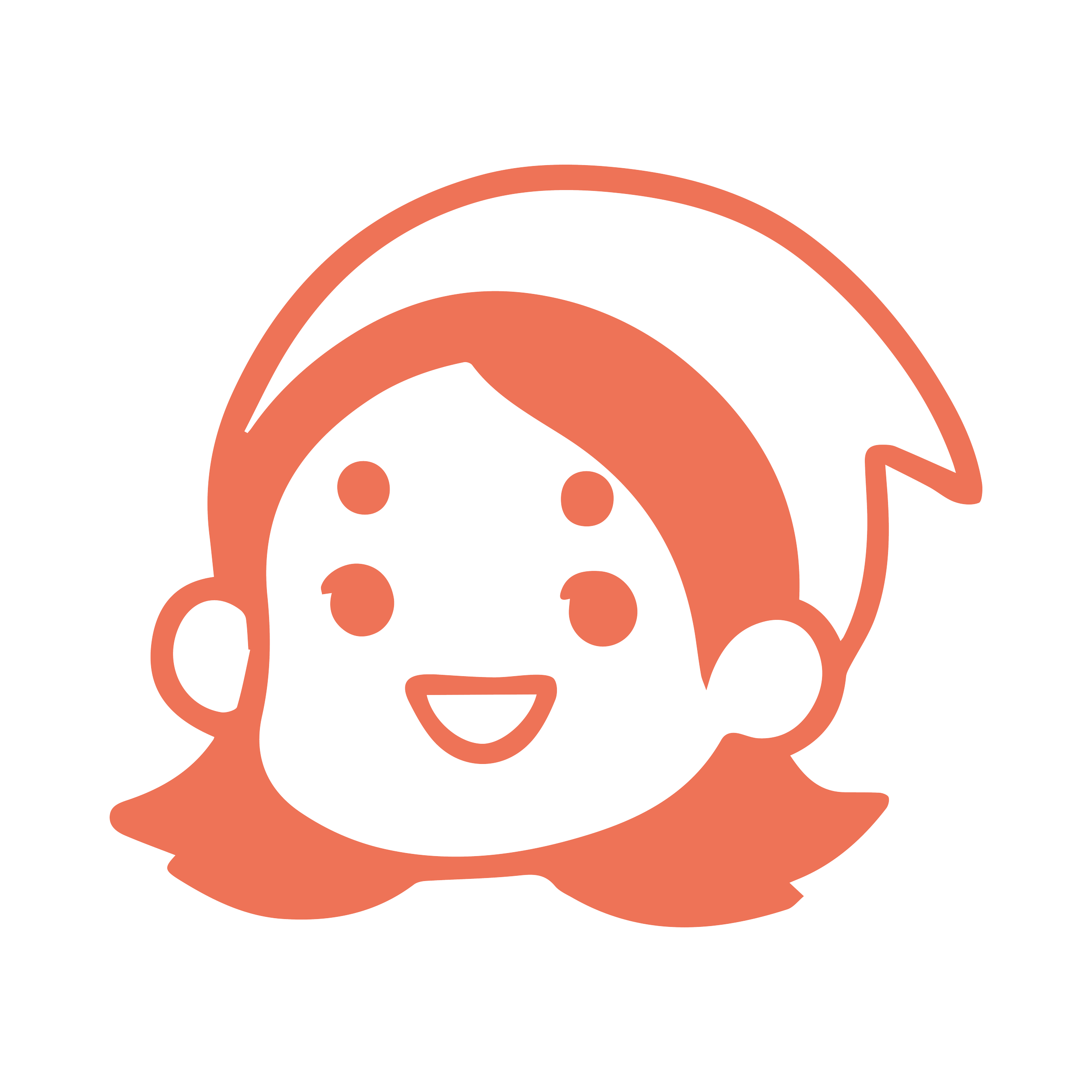 Line drawing of a smiling girl with shoulder-length hair, wearing a hat with a small ear, and a happy facial expression.