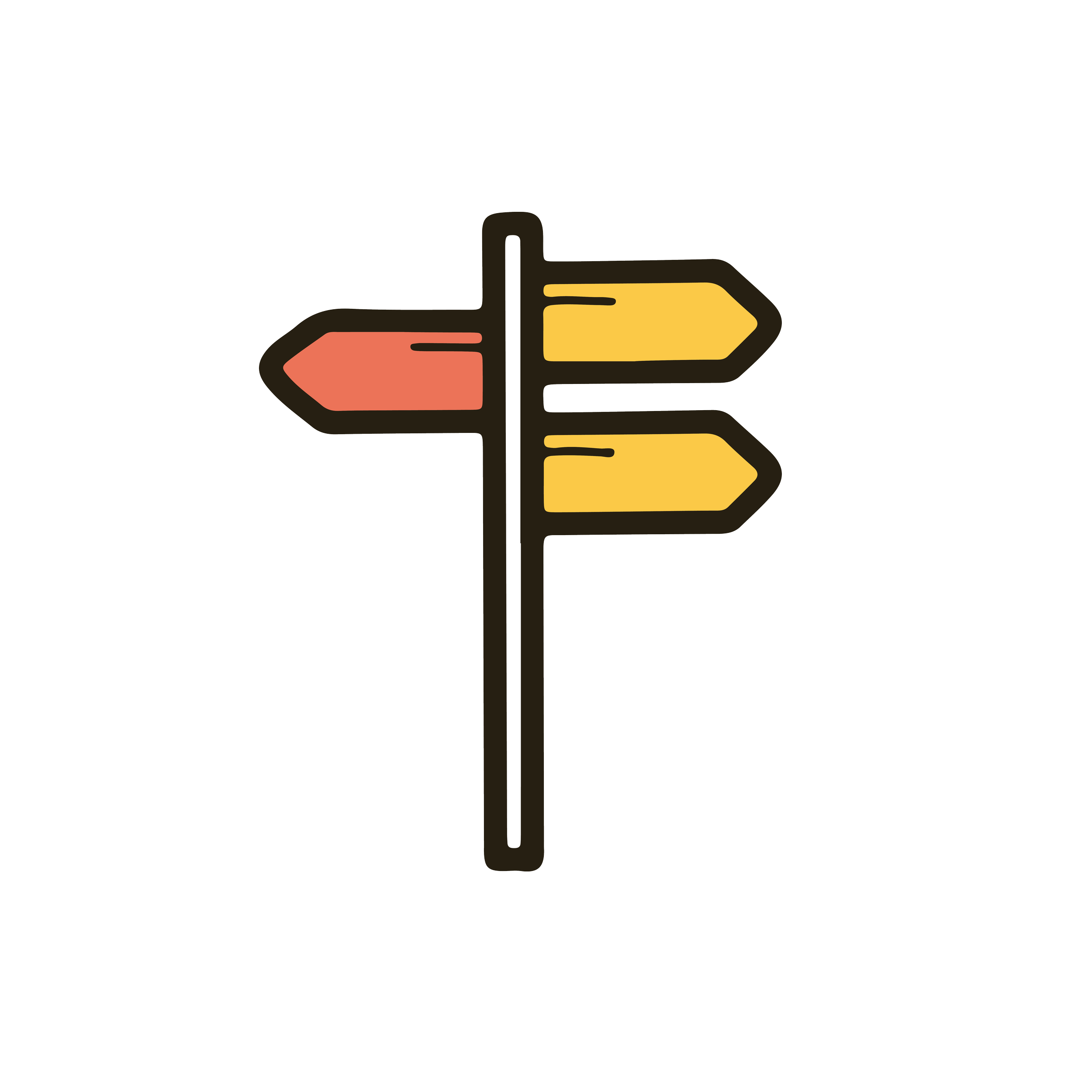 Signpost with multiple directional arrows, one red and two yellow, on a black background.