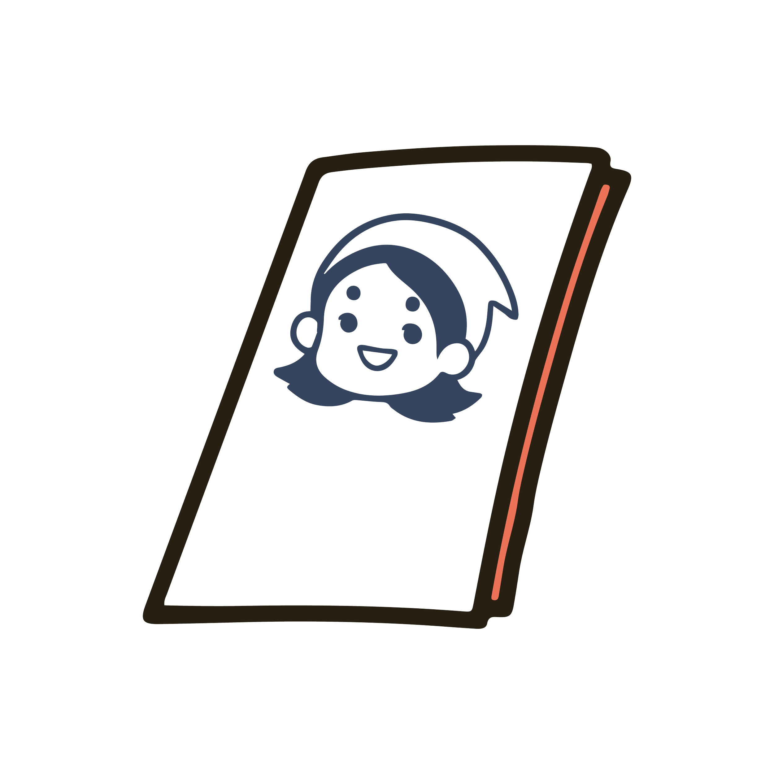 Cartoon digital illustration of a smartphone with a display showing a happy girl's face with short hair and a headband.