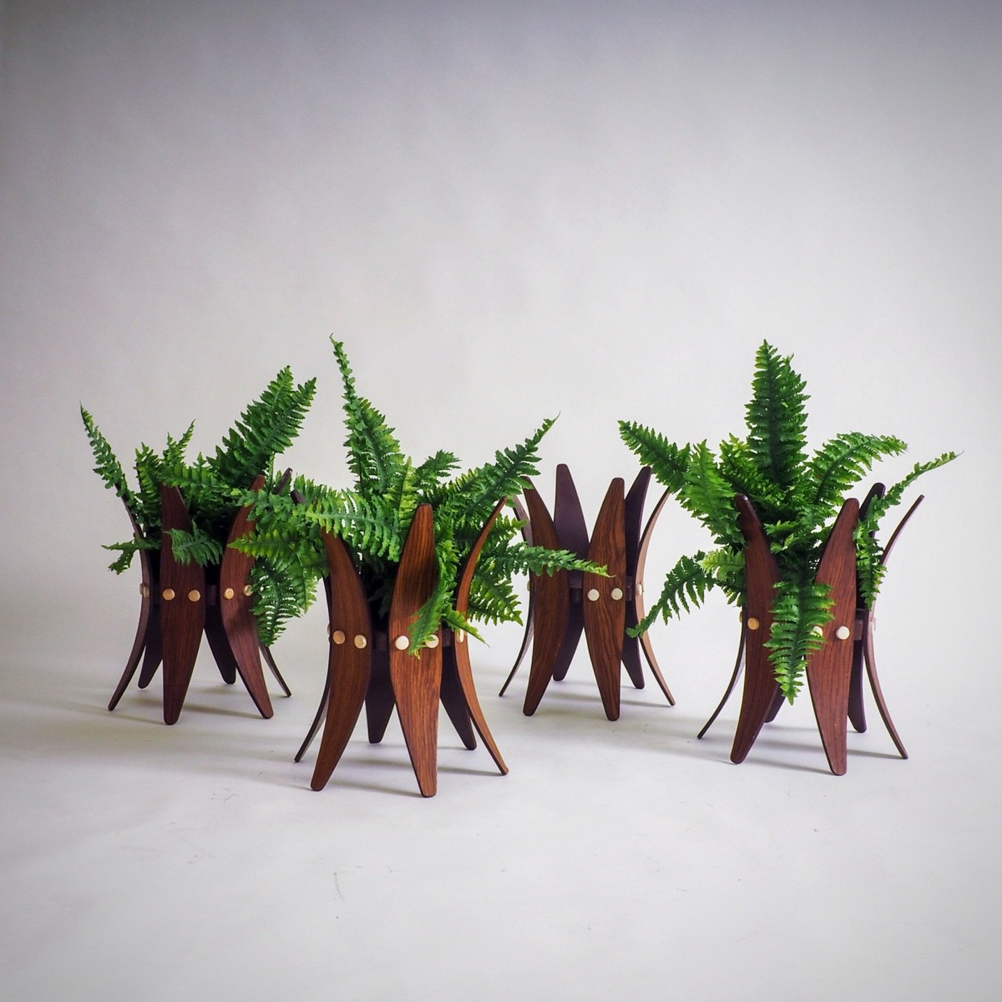 Set of 4 Mid Century Plant Stands

A Rare set of four Mid-Century Modern Sculptural Plant Stands. Crafted with a dramatic &ldquo;spider&rdquo; silhouette, each stand features rhythmic, tapered wooden fins secured by distinctive cream-colored disc fas