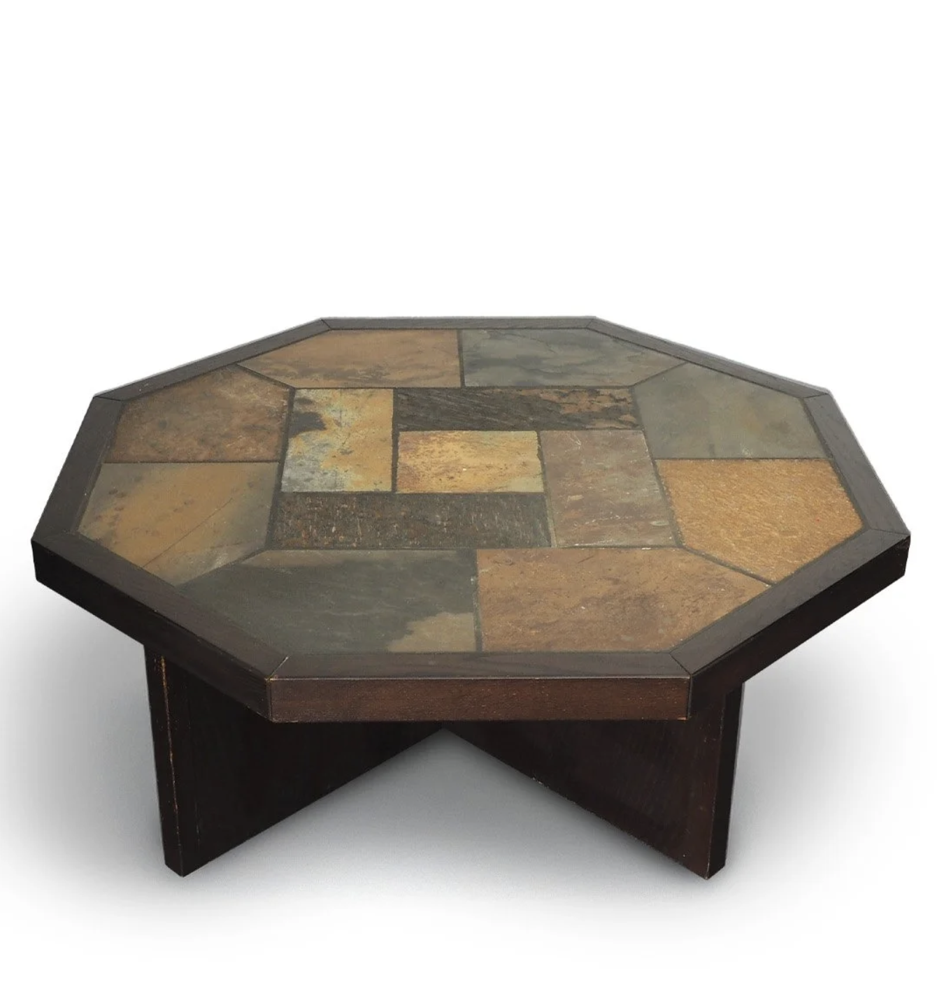Wooden Coffee Table with Natural Stone Octagonal Top