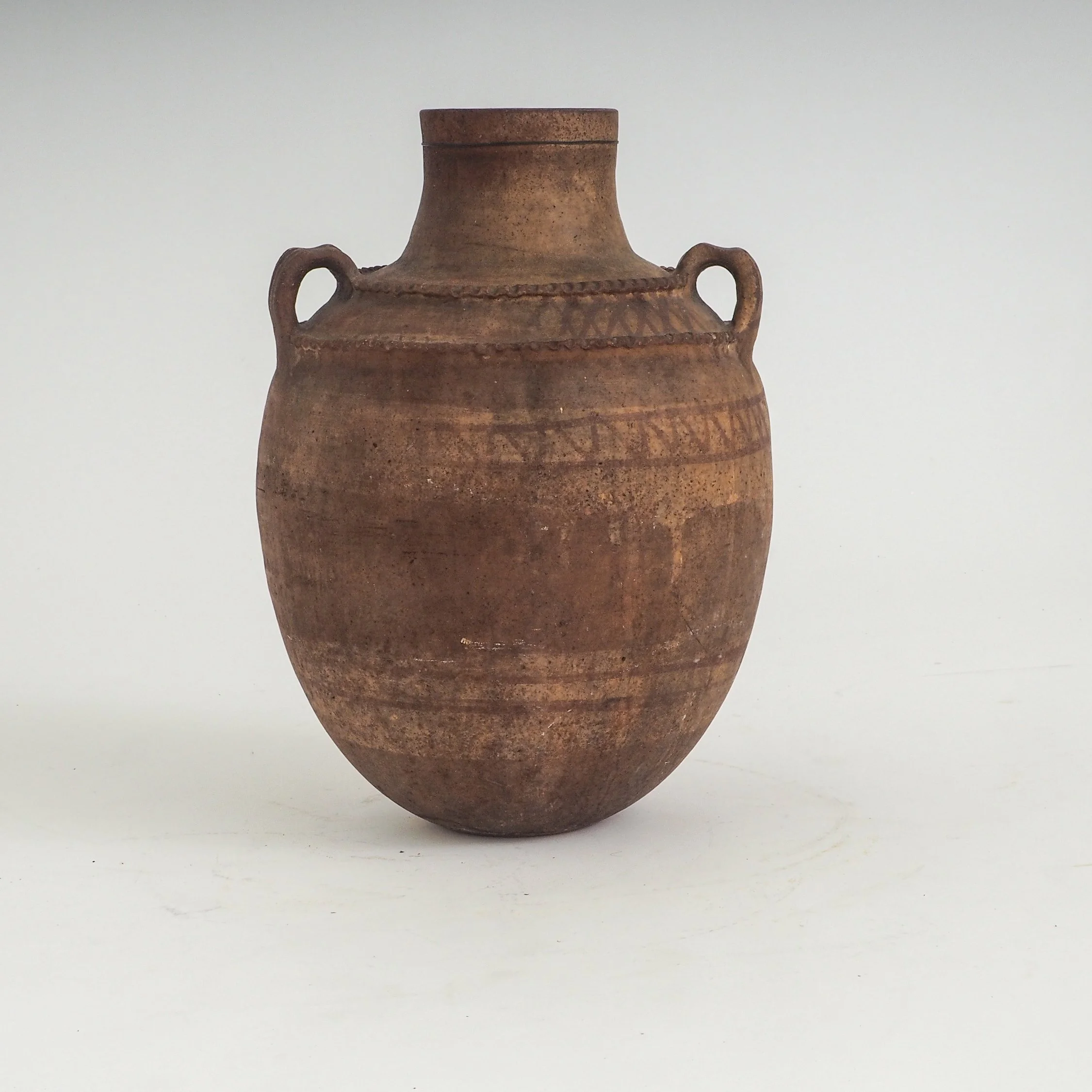 Primitive Terracotta Vessel With Hand-Painted Geometric Details