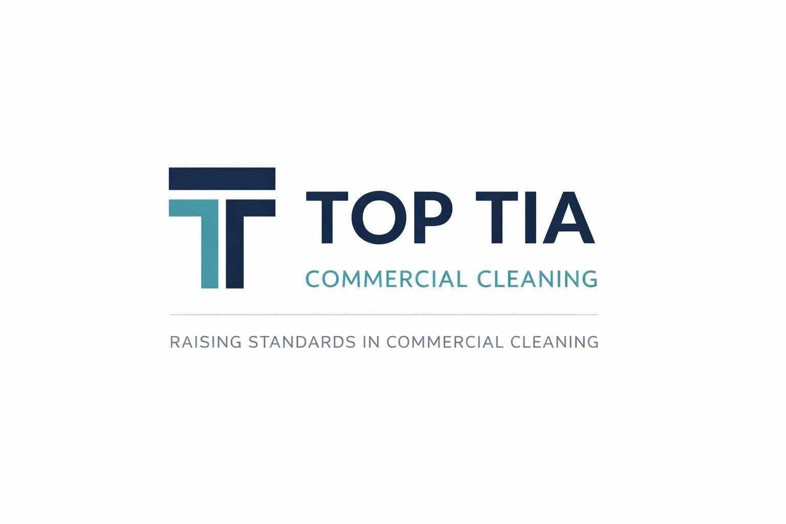 Logo for Top Tia Commercial Cleaning featuring stylized T's and text, with a tagline 'Raising Standards in Commercial Cleaning'.