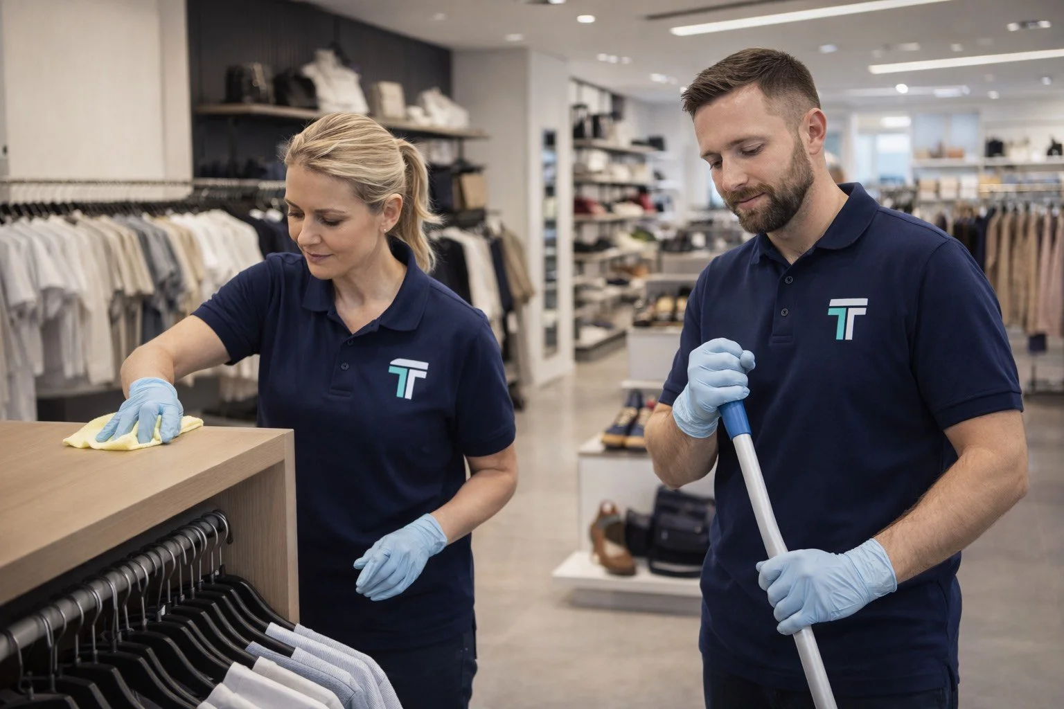 Two store employees, a woman and a man, wearing navy blue shirts with a logo, are cleaning and tidying up a clothing store while wearing gloves. The woman is dusting a wooden shelf, and the man is holding a mop.