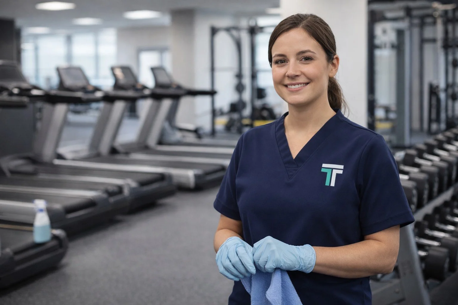 A smiling woman in blue medical scrubs and gloves standing in a gym with treadmills and exercise equipment in the background.