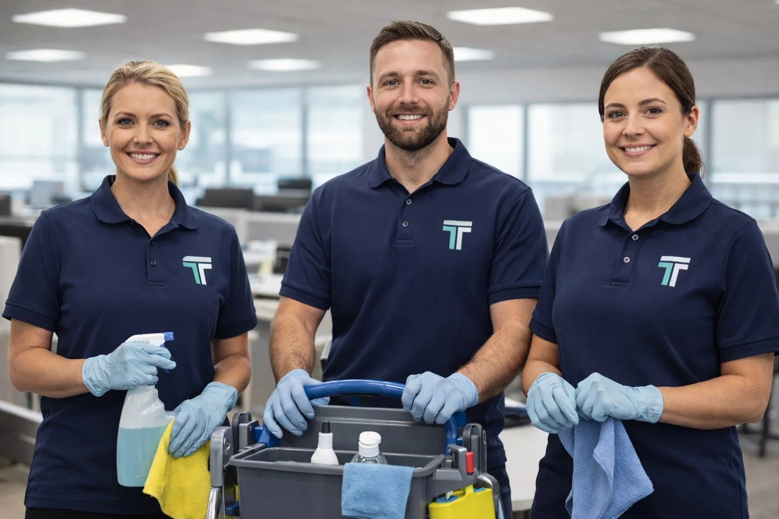 Three janitorial staff members in navy blue uniforms with a logo, smiling and standing in an office, holding cleaning supplies and towels.