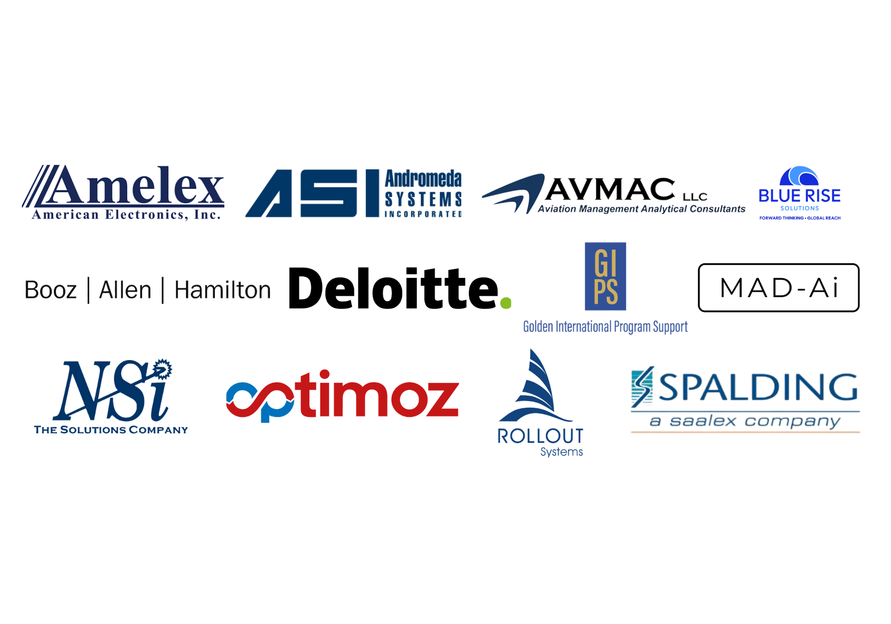 Collection of logos from various aerospace and tech companies, including Ametex, AVMAC, Boeing, NASA, Spacex, and others, with some logos featuring stylized symbols or text design.