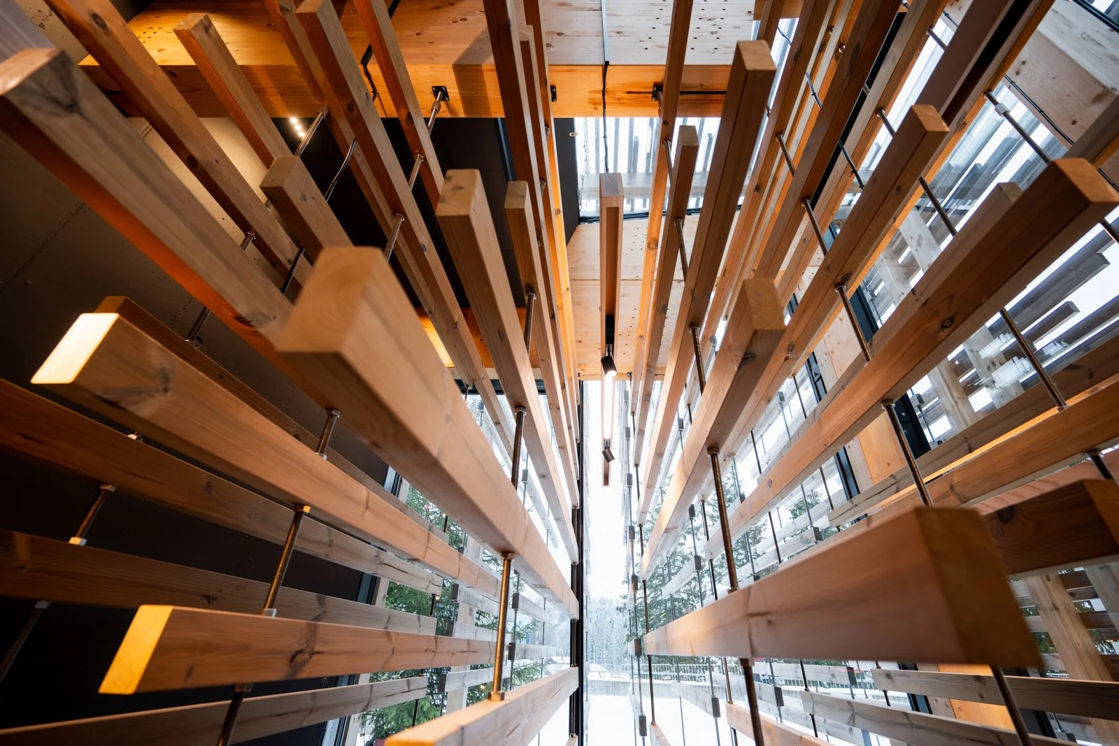 A primary feature is the prominent use of natural timber framing on the exterior facade.