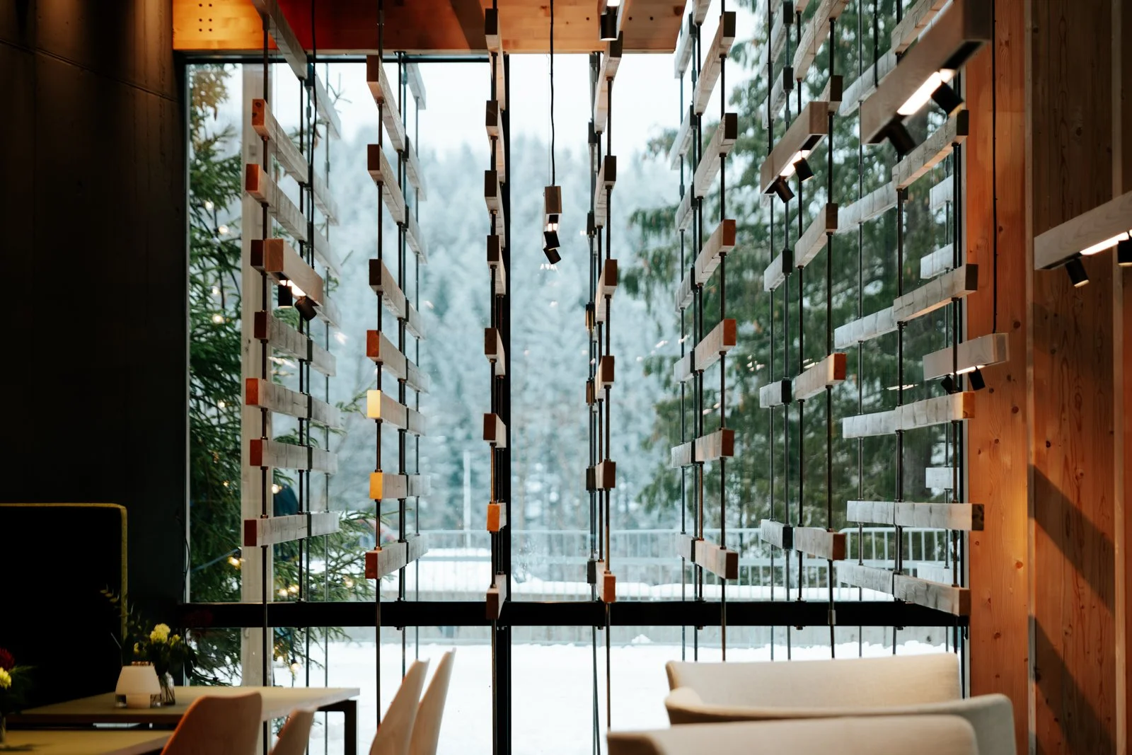 View through a wooden and wire fence with snow-covered trees and a building visible in the background.