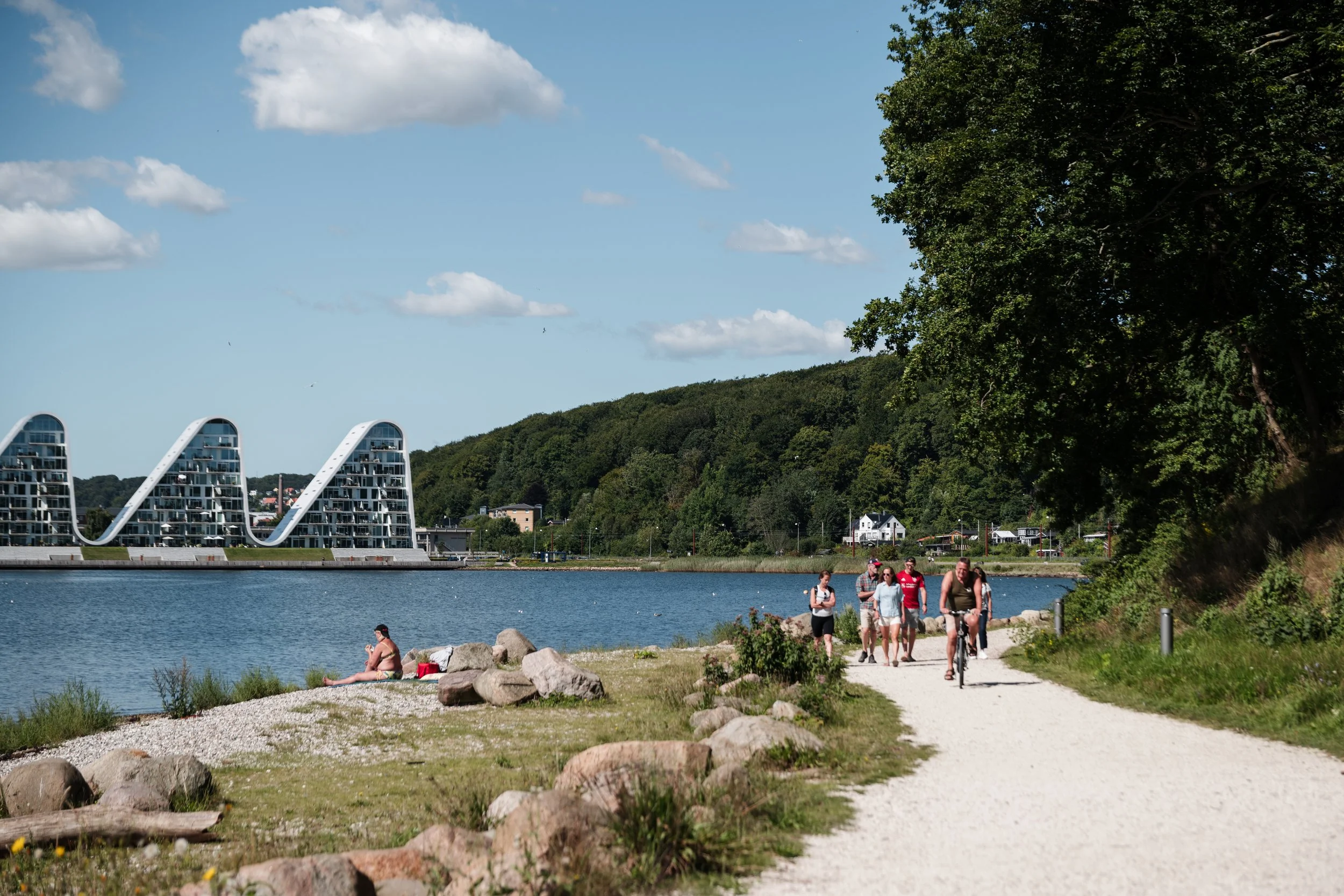 The linear movement of cyclists along the path emphasizes the vast scale and linearity of the Vejle Fjord.