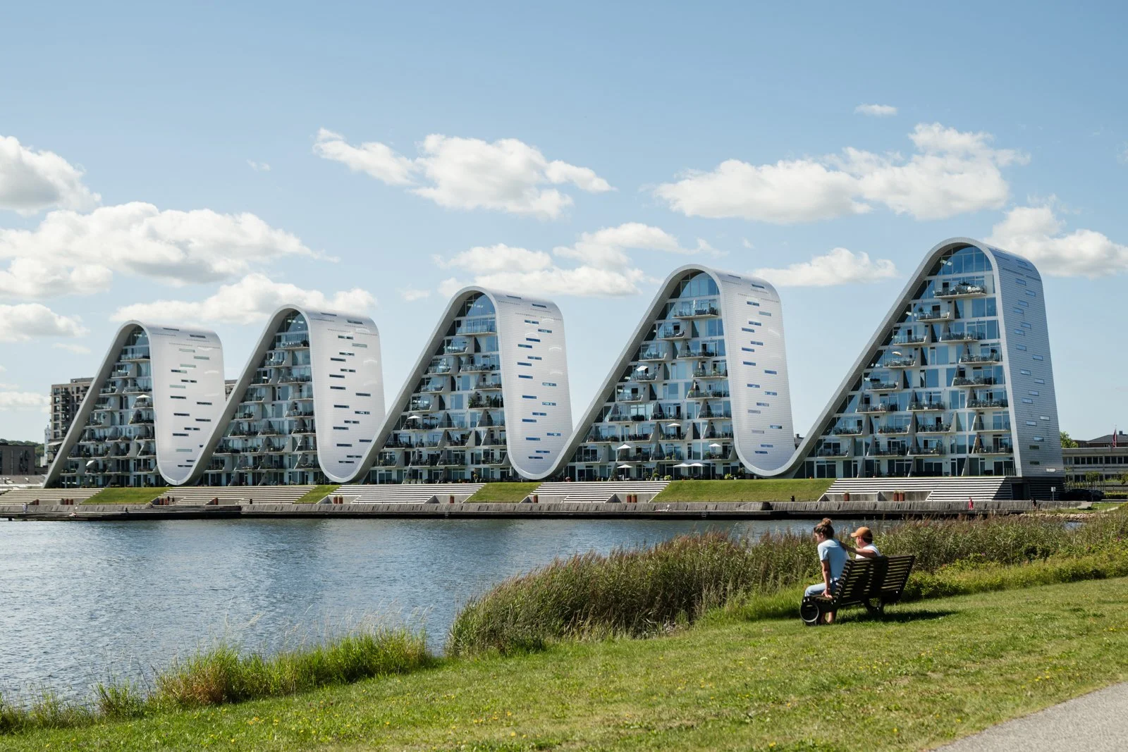 The full undulating profile of the wave structures from the adjacent green bank, showing the architecture's dialogue with nature.